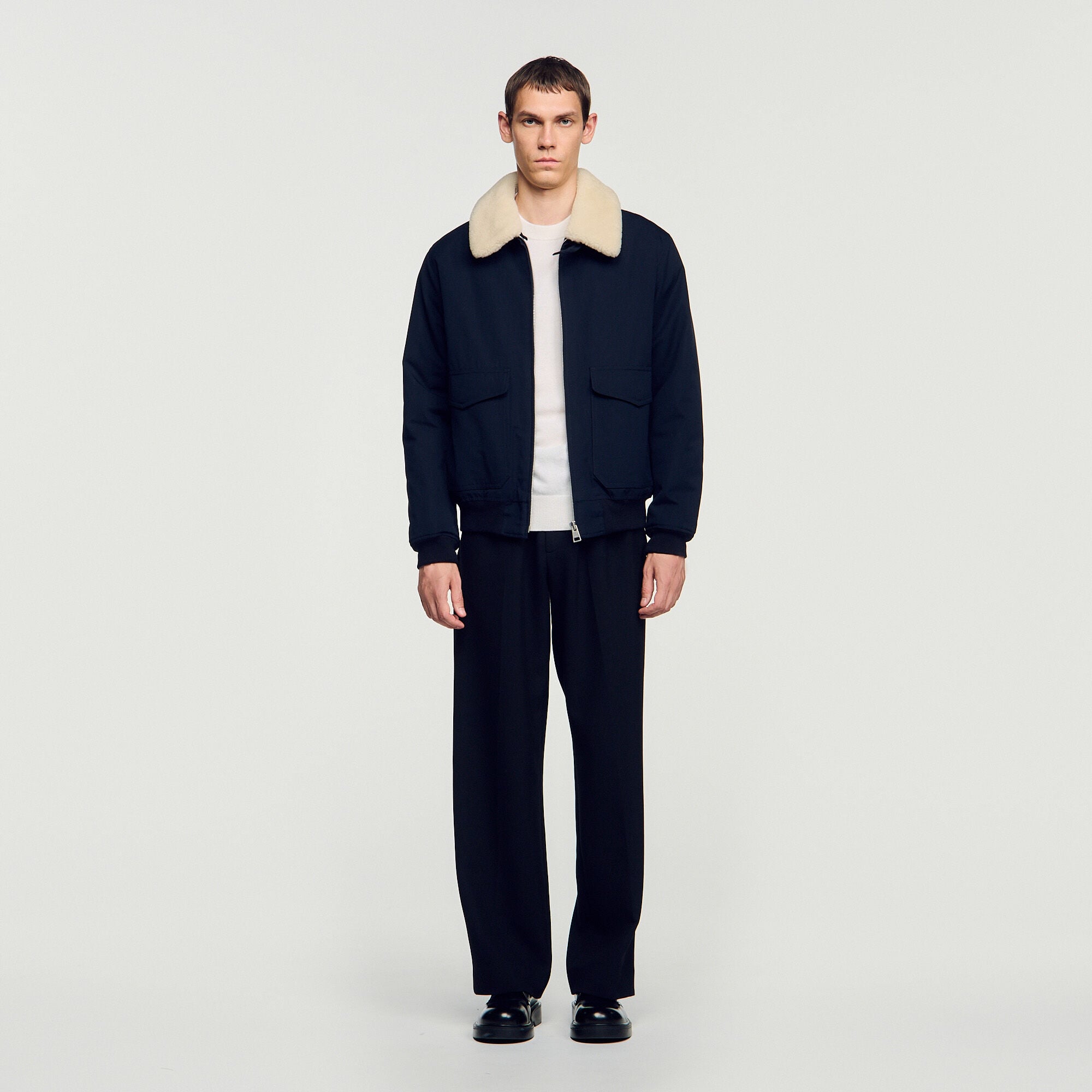 Removable collar aviator jacket in Navy Blue for Men | Sandro Paris