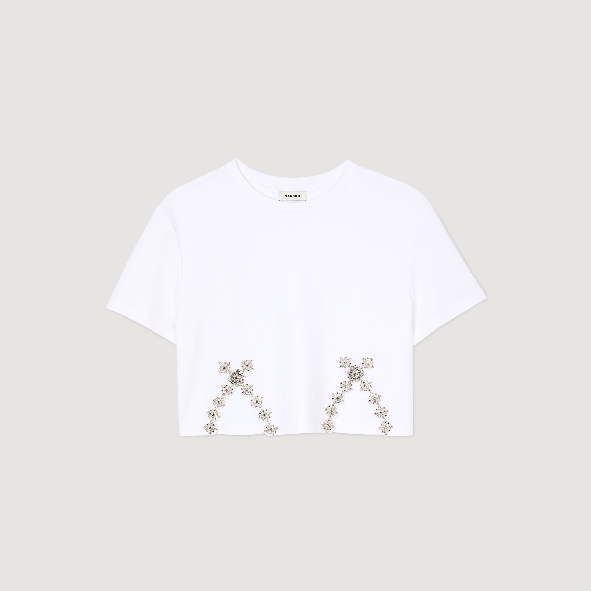 フランス発 Sandro 夏におすすめ クリスタル刺繍 クロップトップ Rhinestone crop top white / beige For Women | Sandro Paris