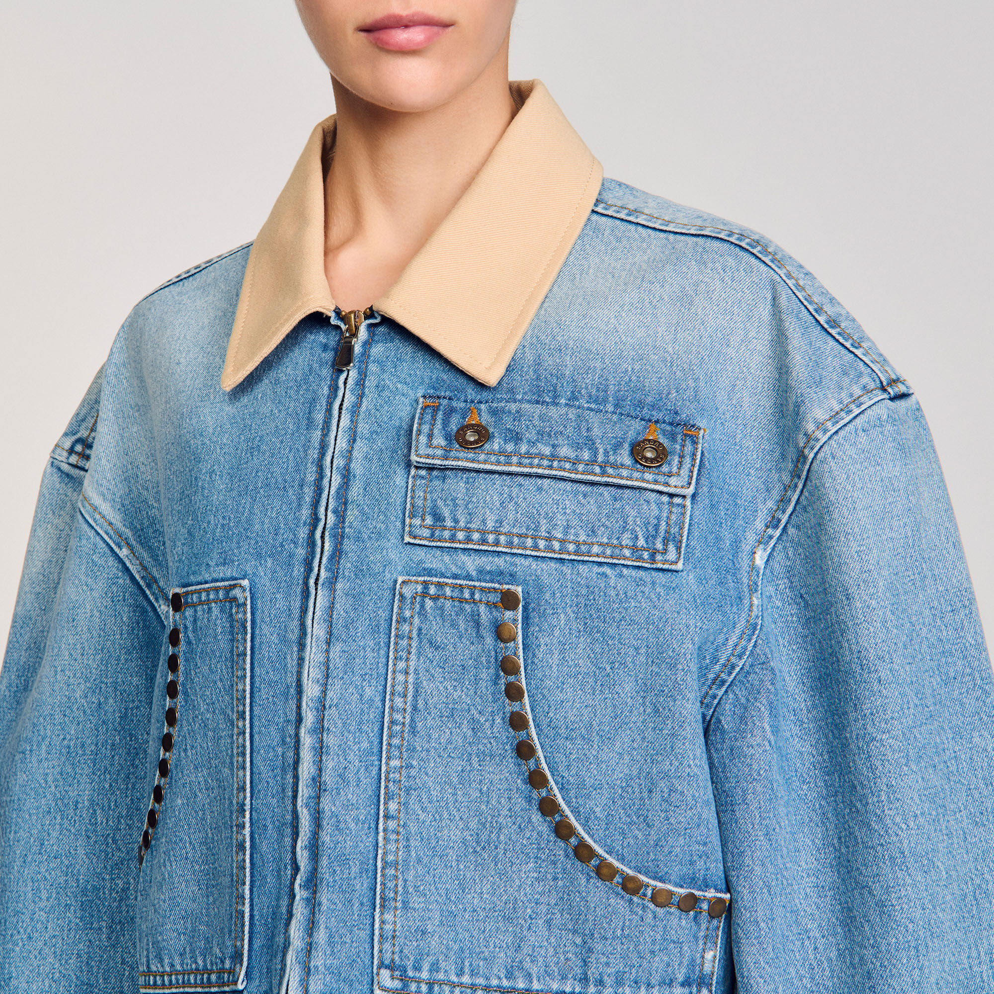 Denim jacket with studs blue For Women | Sandro Paris