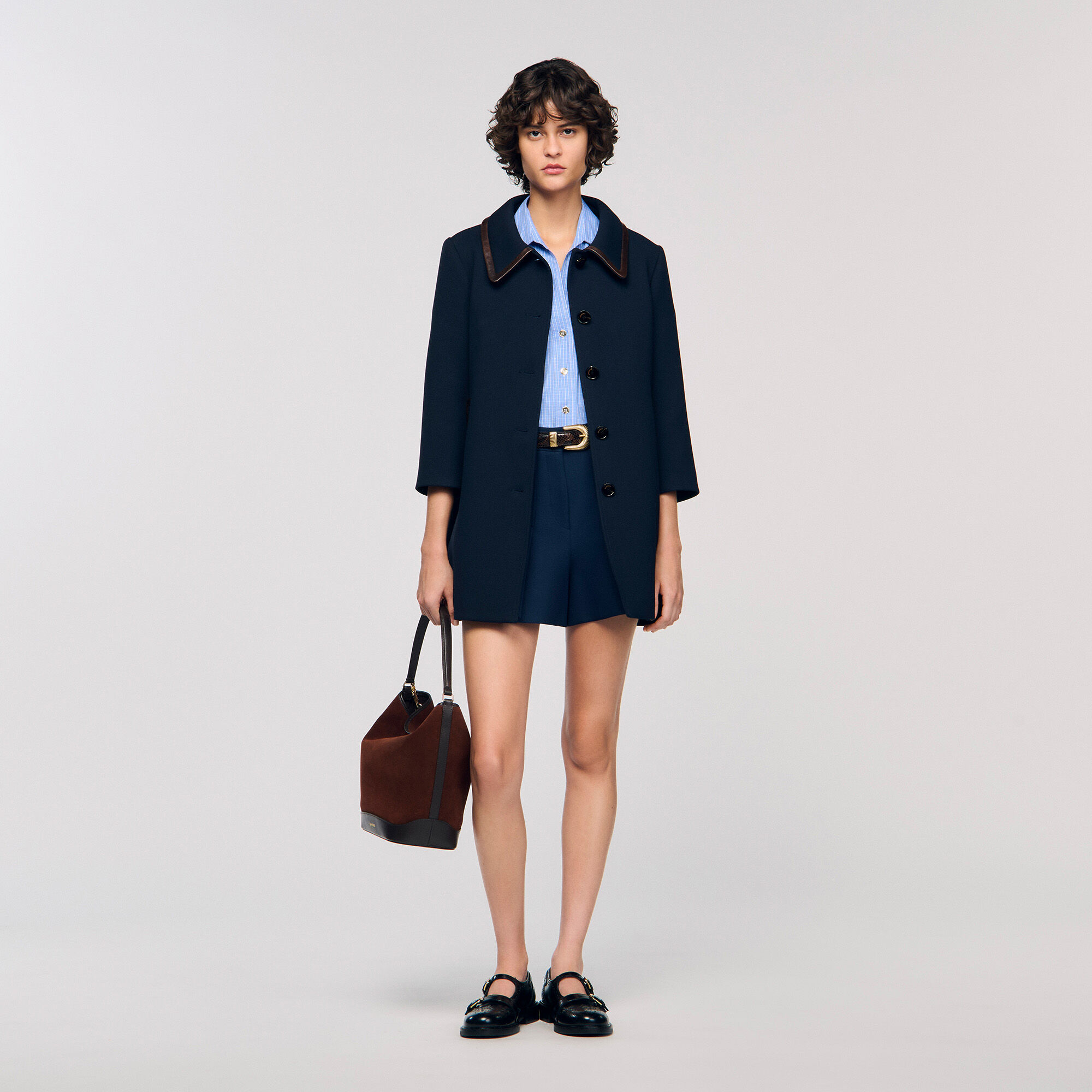 【海外限定】Sandroコート☆Check-pattern velvet-collar woven Sandro Checkered Coat with Velvet Collar | Saks Fifth Avenue