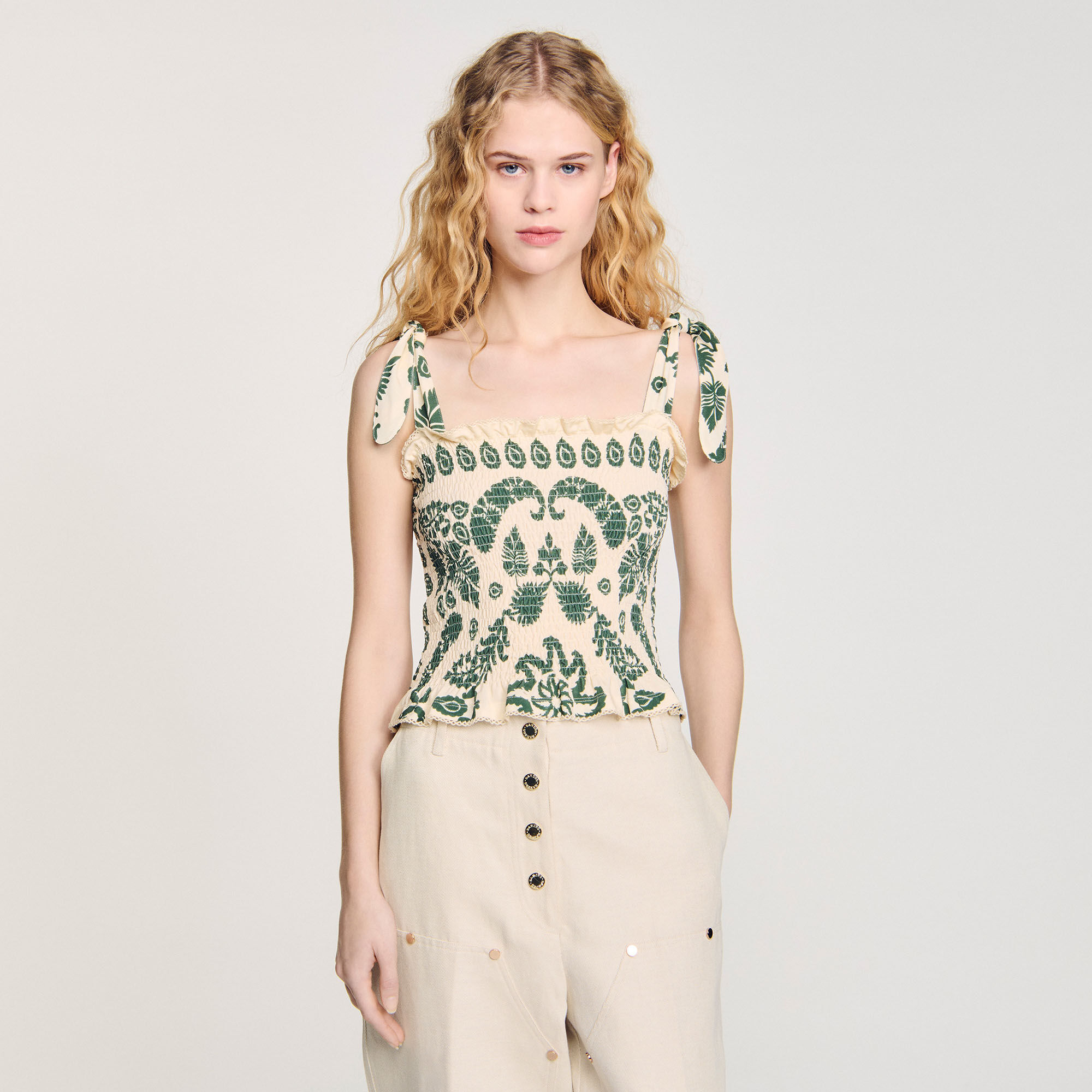 新発売 Floral Paris Sandro | Women For beige / white top smocked motif カーディガン