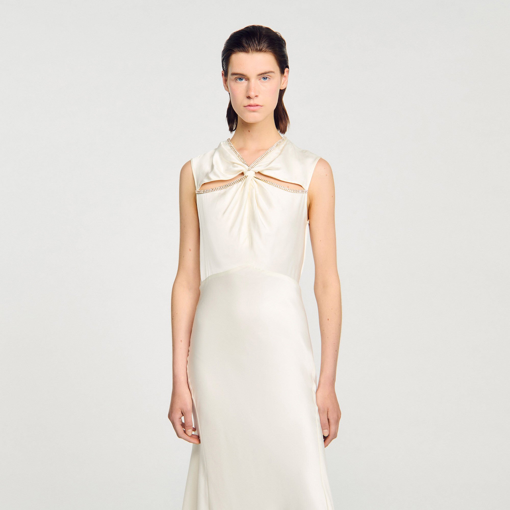 Satin maxi dress with rhinestones
