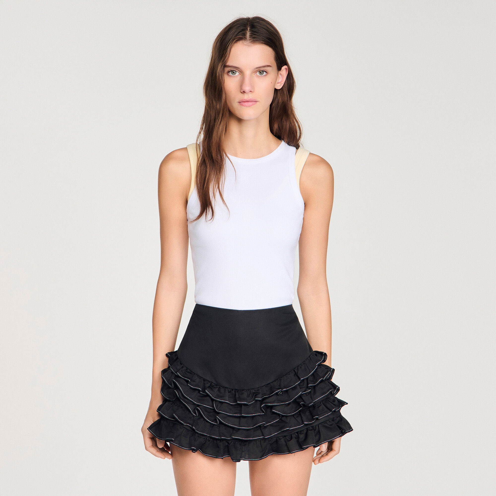 Ruffled skort with topstitching in Black for Women | Sandro Paris