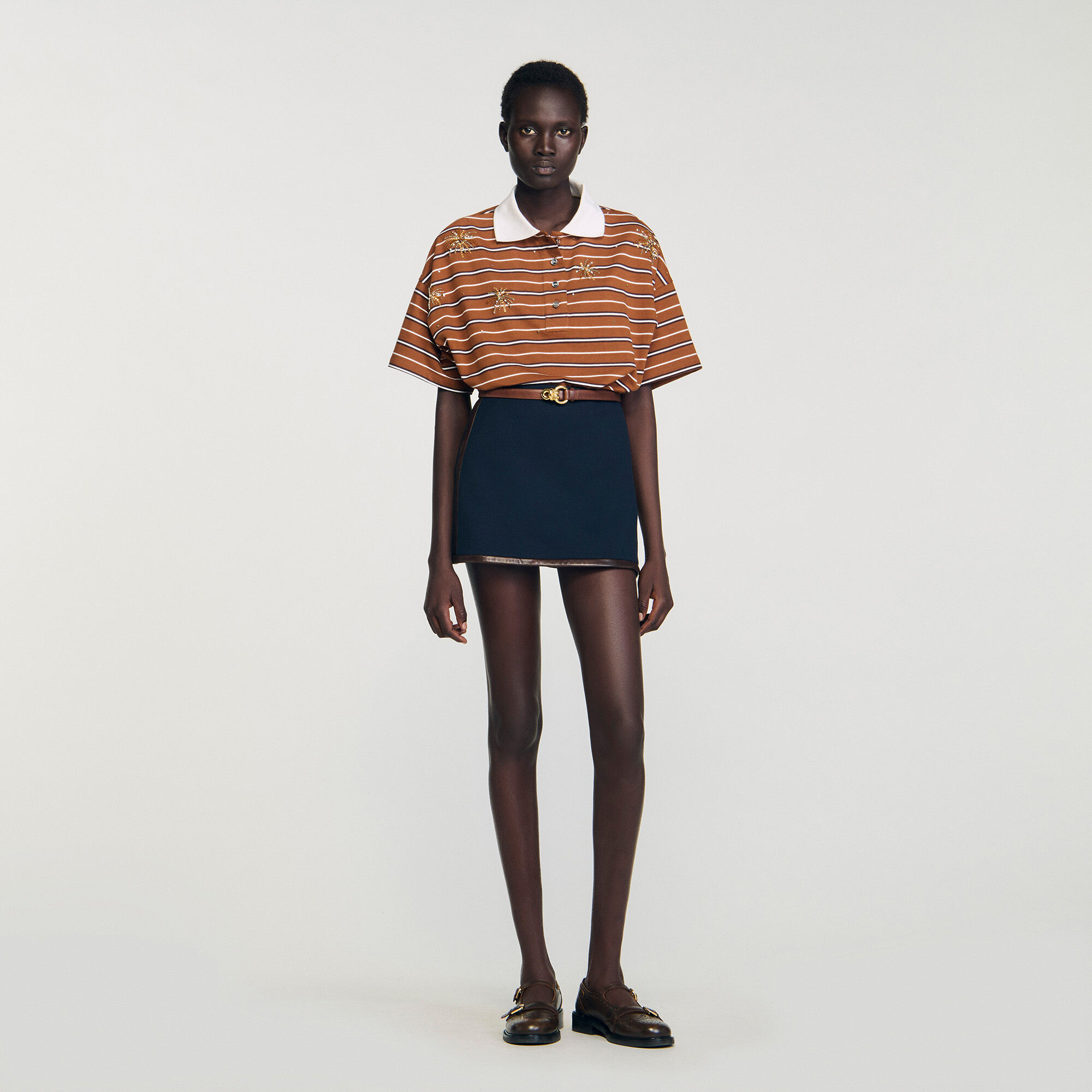 Mini skirt with leather bands blue For Women | Sandro Paris