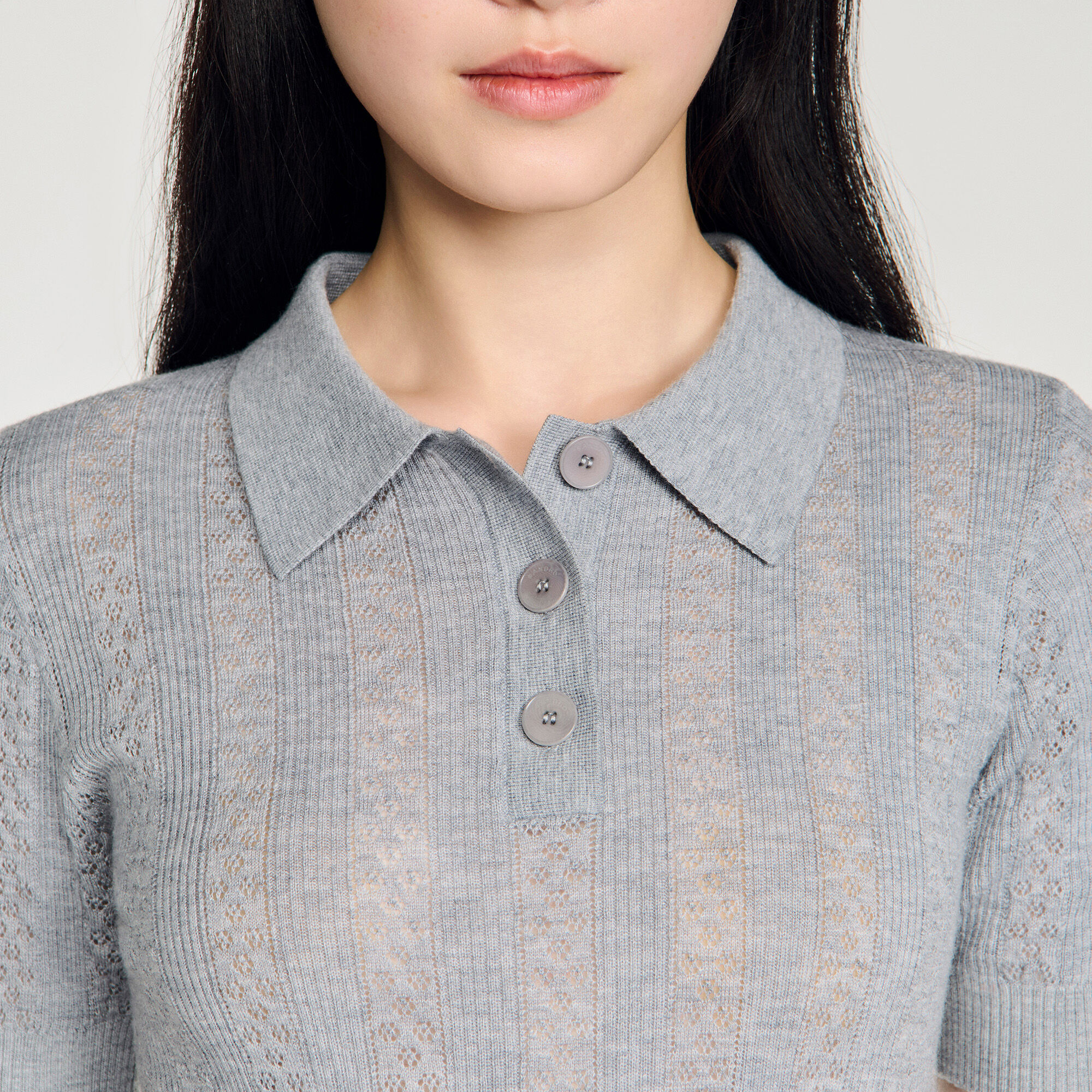 Pointelle polo-neck wool sweater