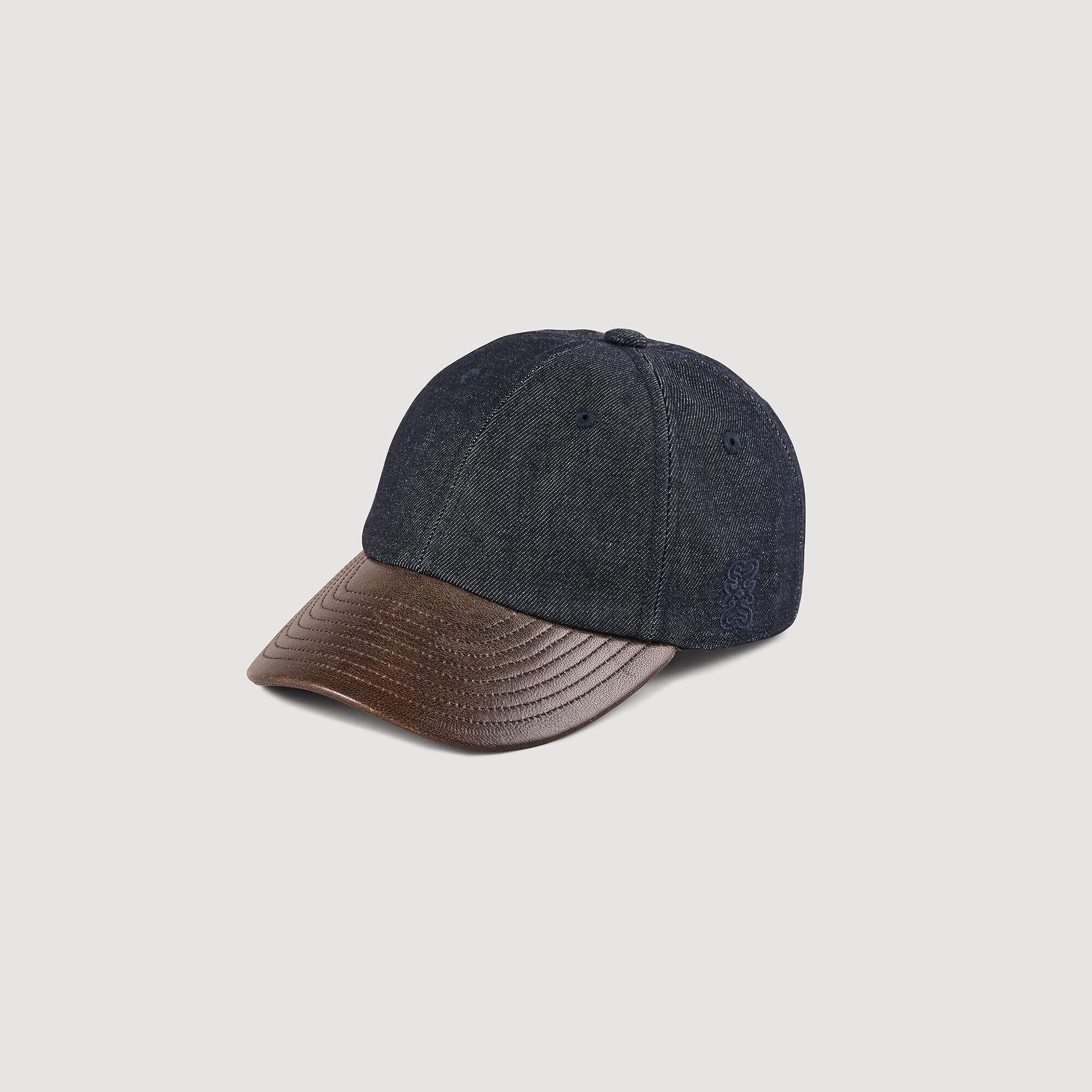 Denim and leather cap