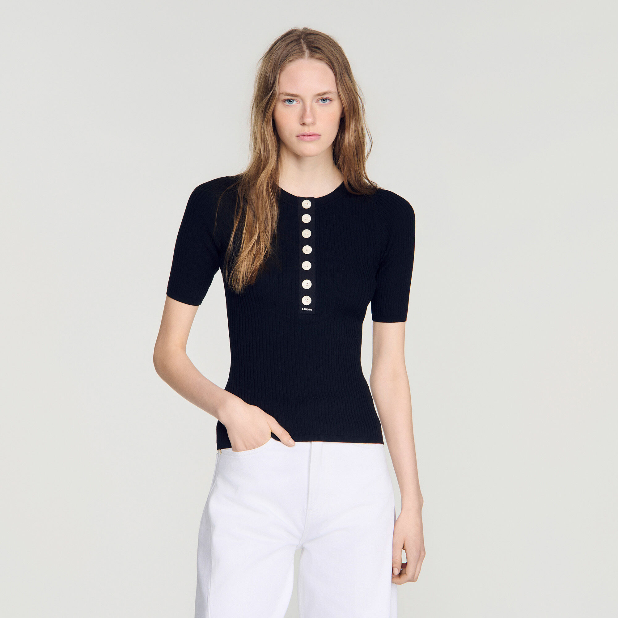 Ribbed button placket knit top