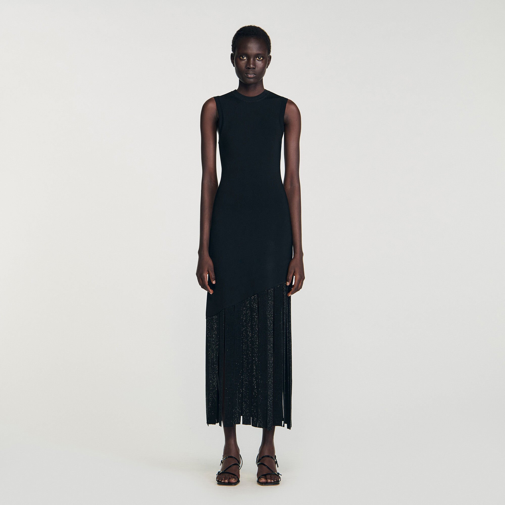 Fringed maxi dress black / gray For Women | Sandro Paris