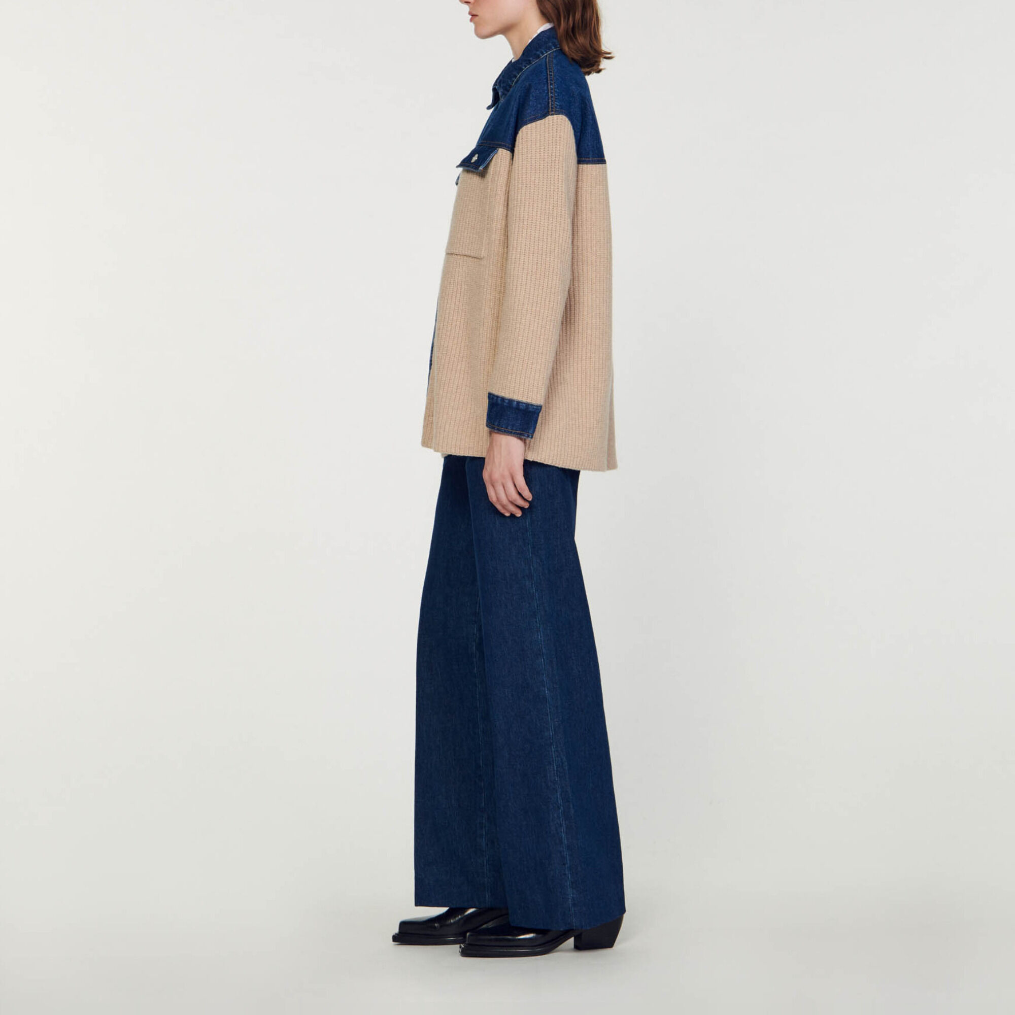 Knit and denim cardicoat
