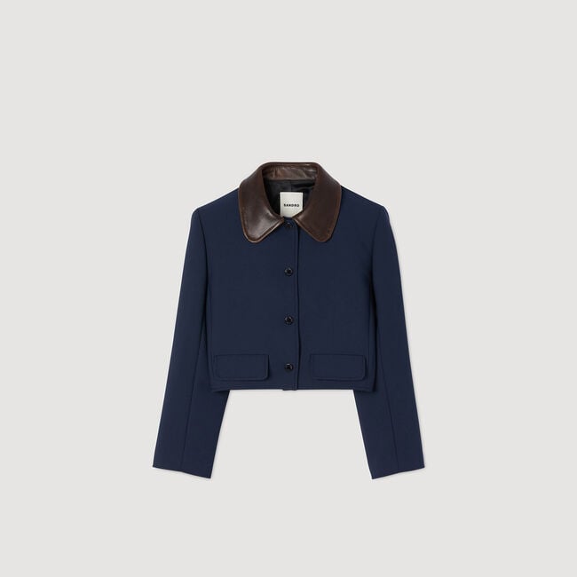 Cropped jacket with leather collar