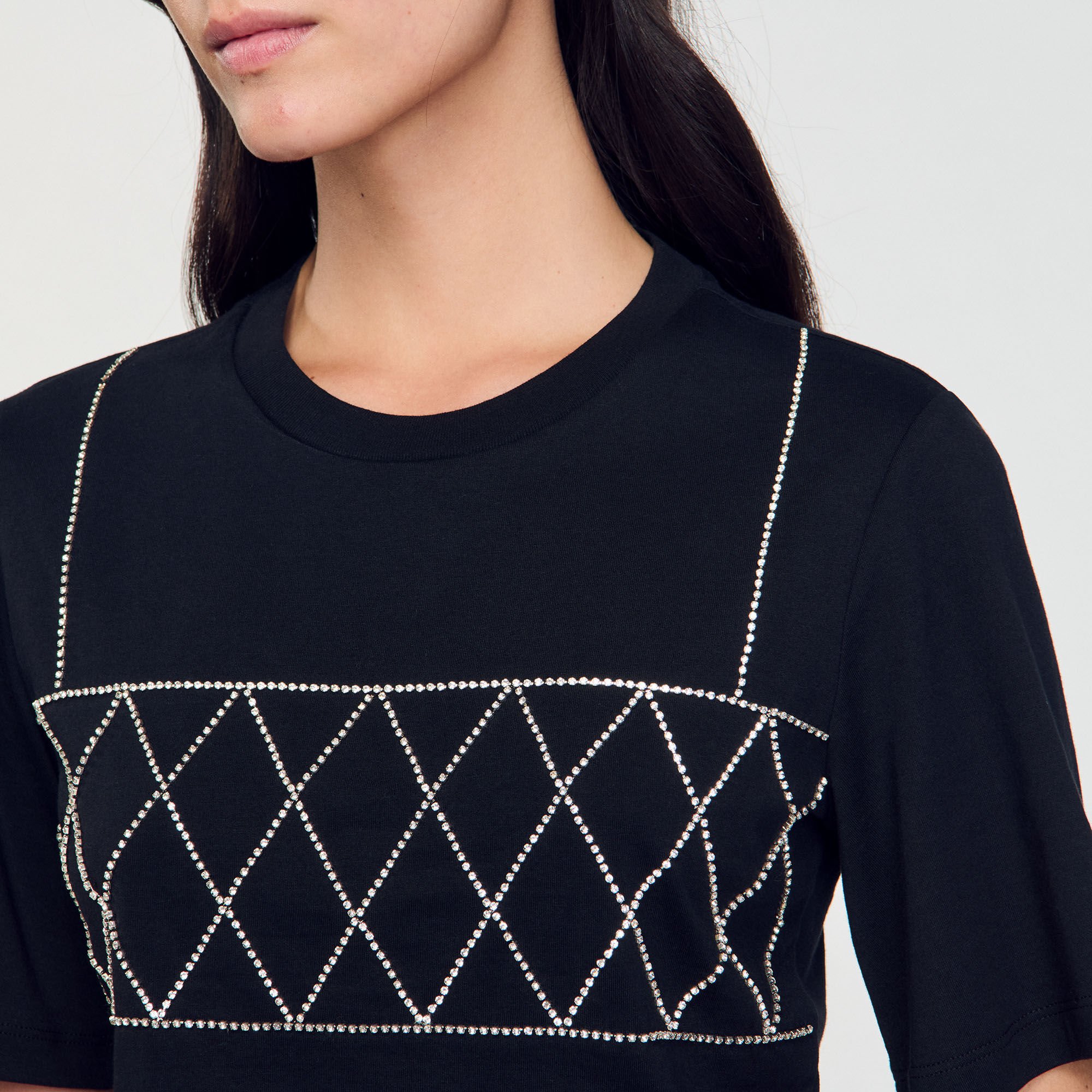Rhinestone Cropped T-Shirt black / gray For Women | Sandro Paris