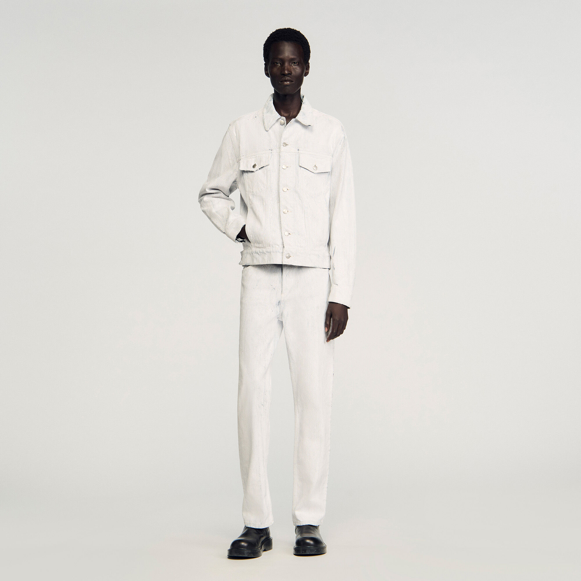 Cracked coated denim jacket white / beige for Men | Sandro Paris