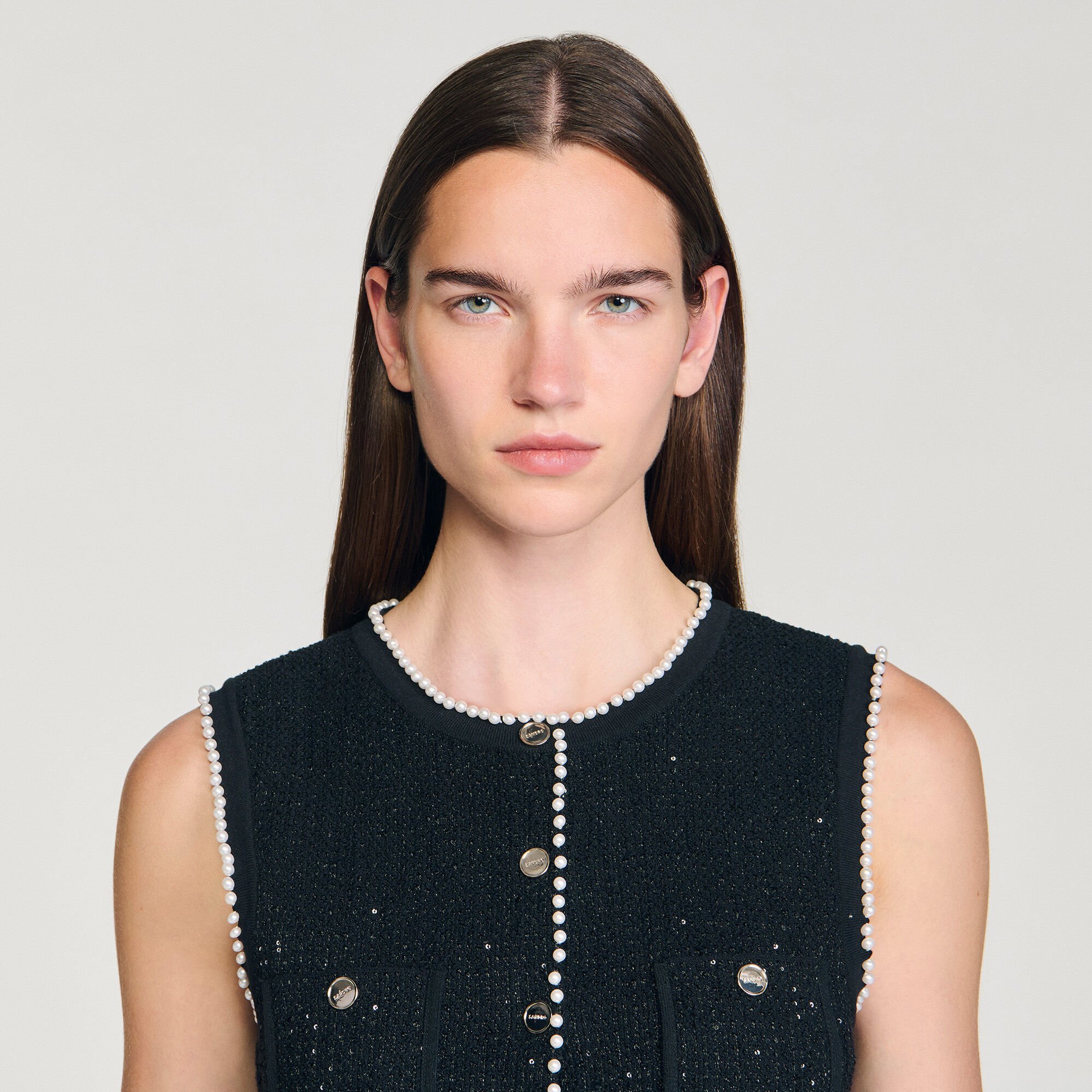 Embellished tweed vest top