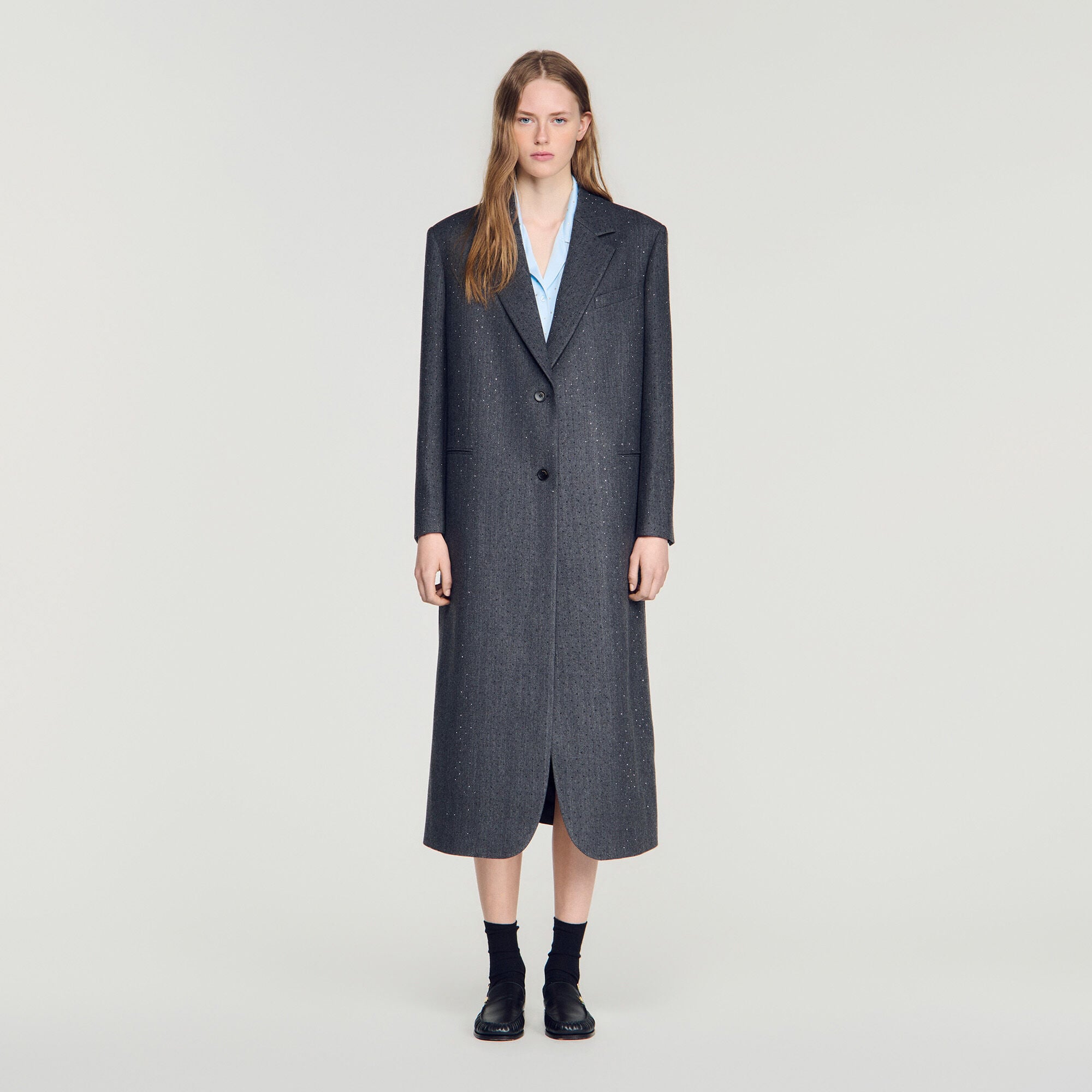 Long wool coat with rhinestones
