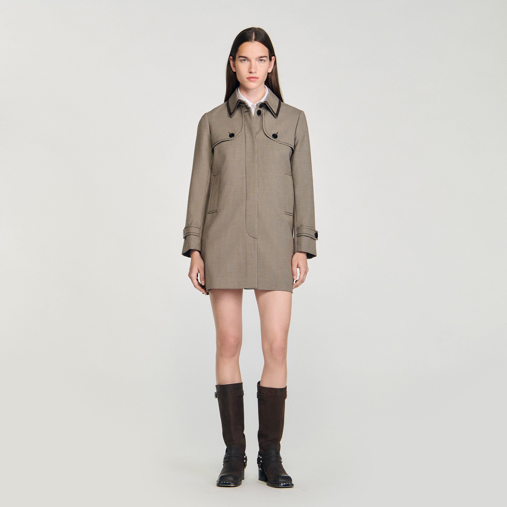Houndstooth trench, leather collar Houndstooth trench, leather collar