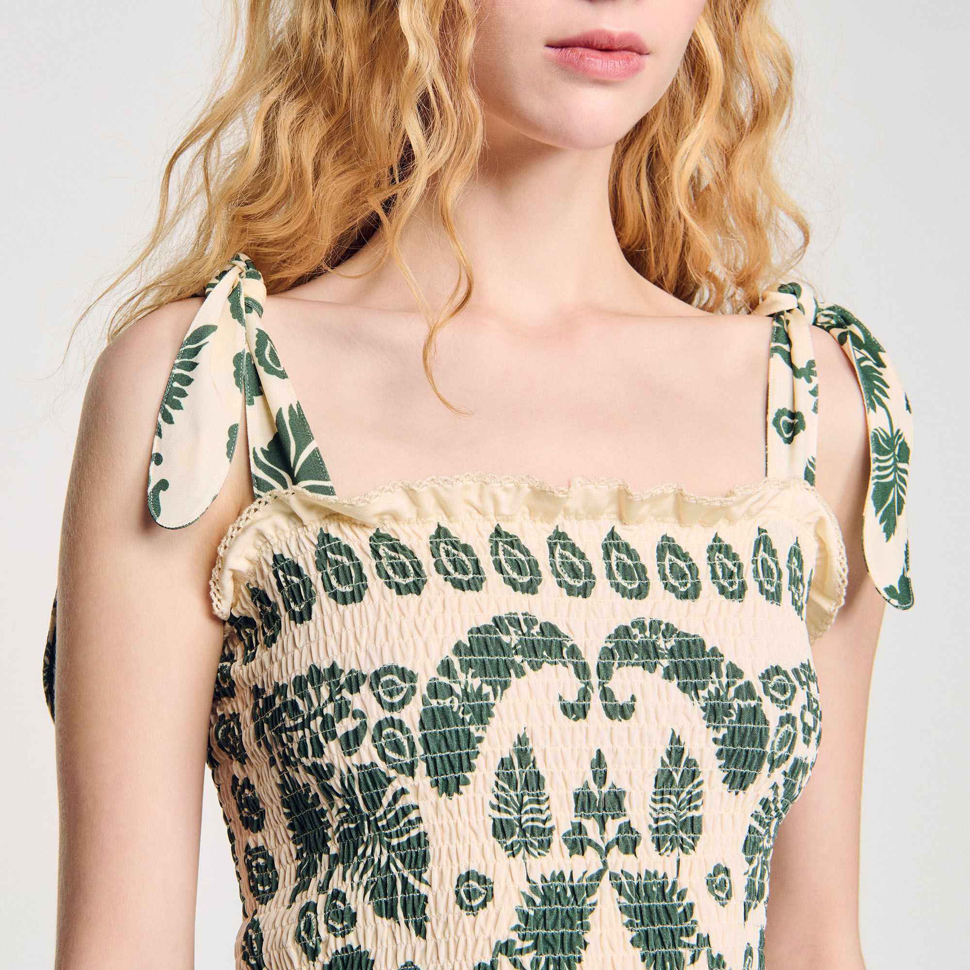Floral motif smocked top white / beige For Women | Sandro Paris