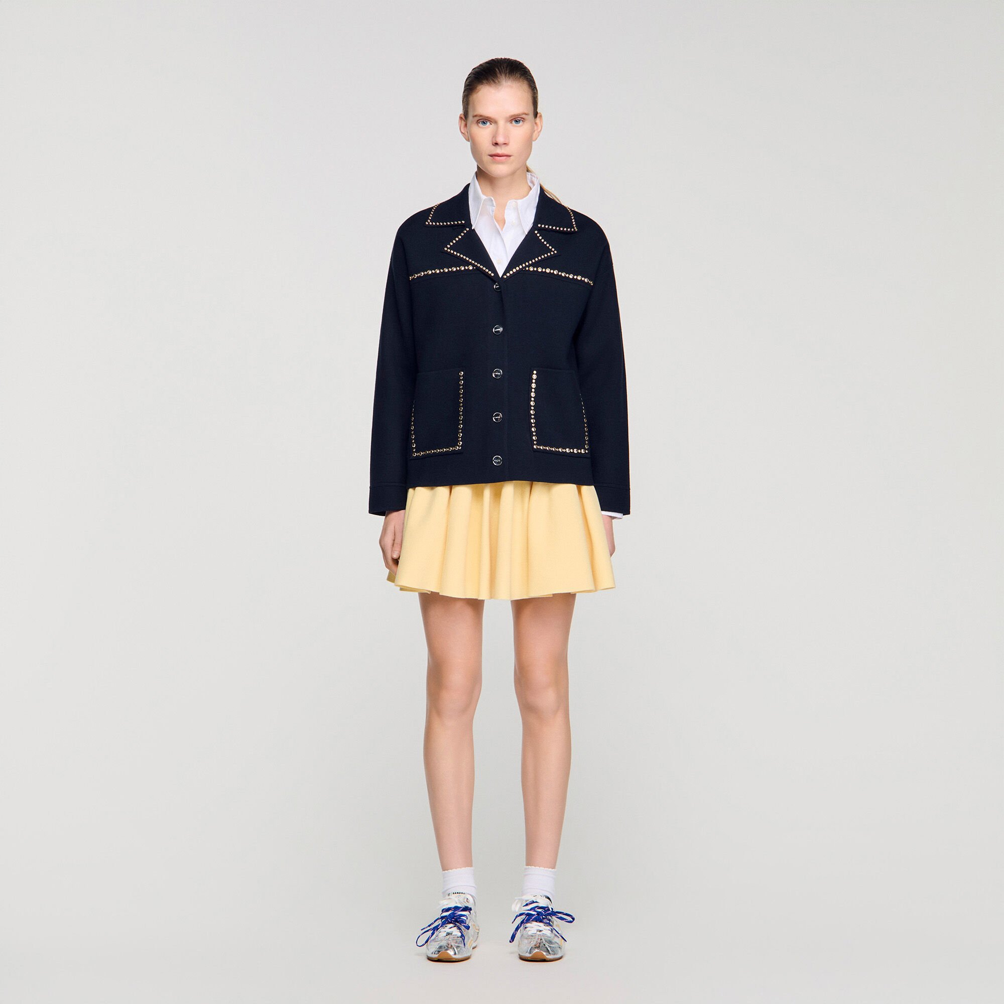 Studded blazer collar cardigan