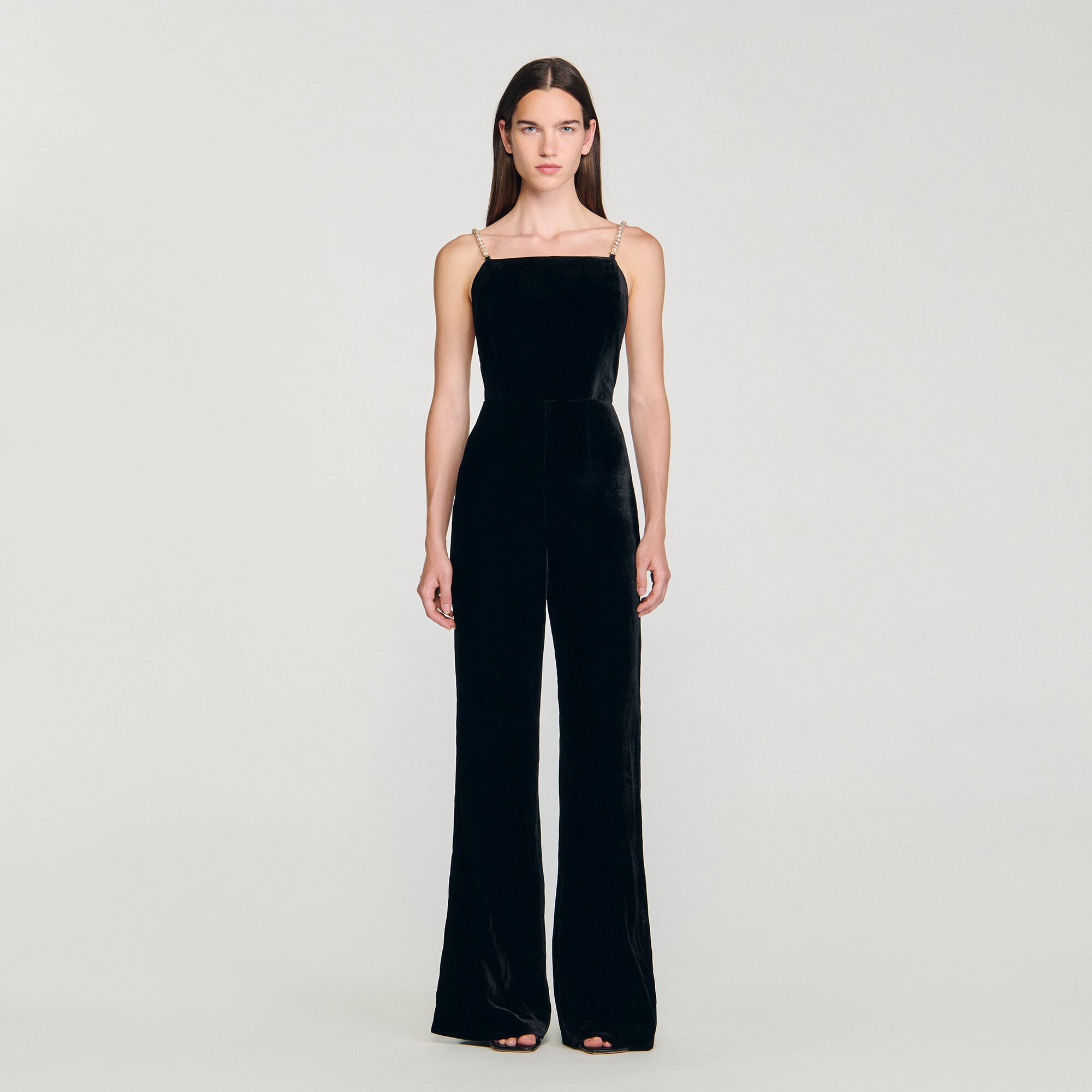 Velvet jumpsuit with removable straps