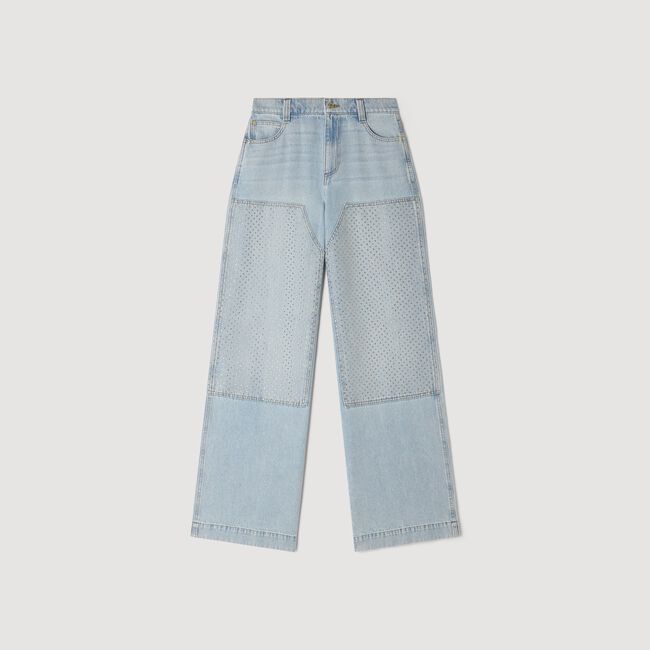 Faded straight crystal patch jeans