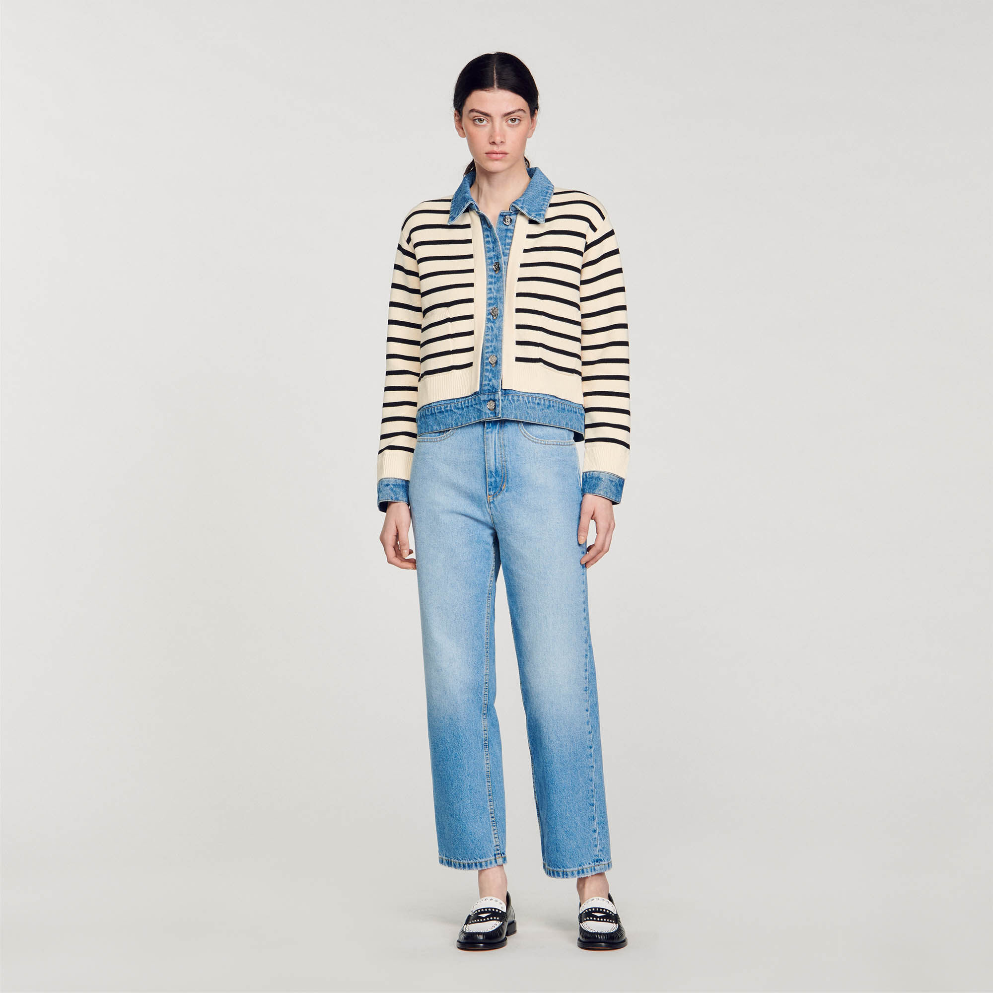 Stripy knit and denim coatigan white beige For Women Sandro Paris