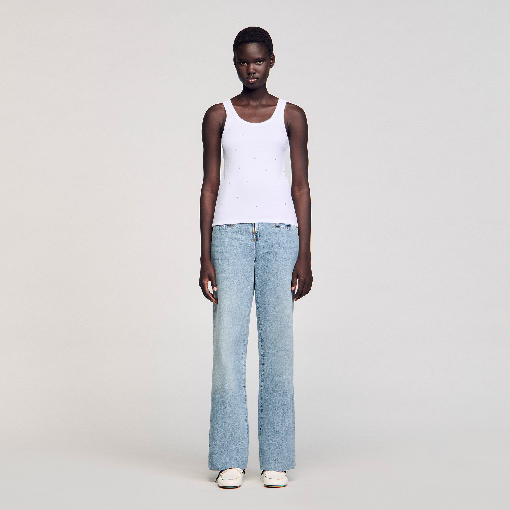 Vest top with rhinestones white / beige For Women | Sandro Paris