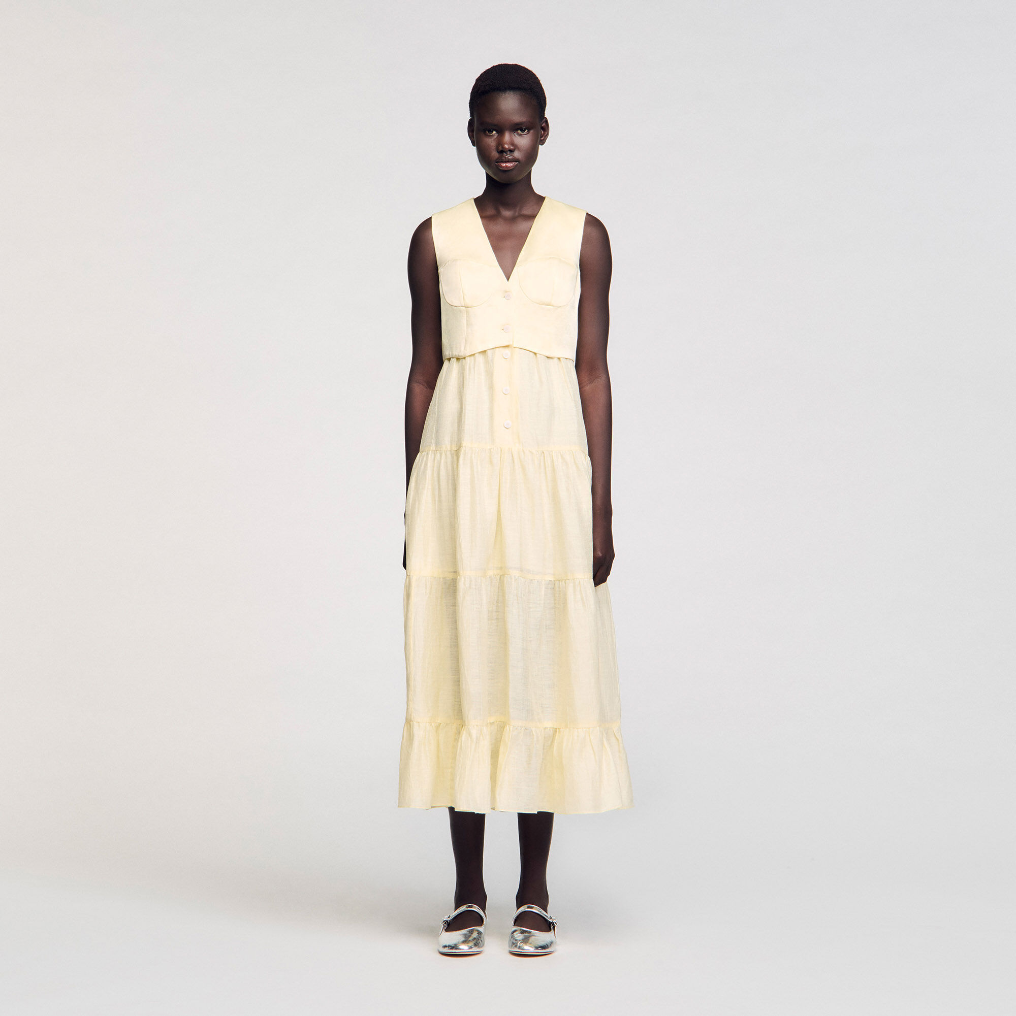 Linen maxi dress yellow / orange For Women | Sandro Paris
