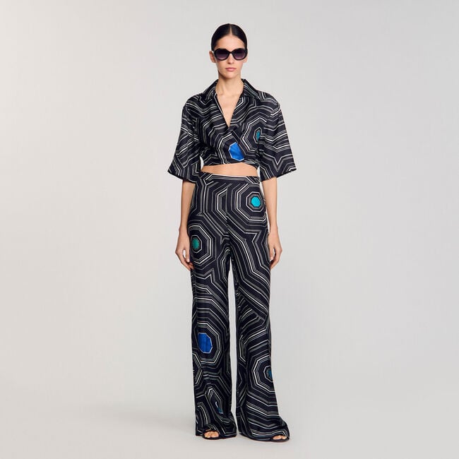 Spiral-print silk trousers