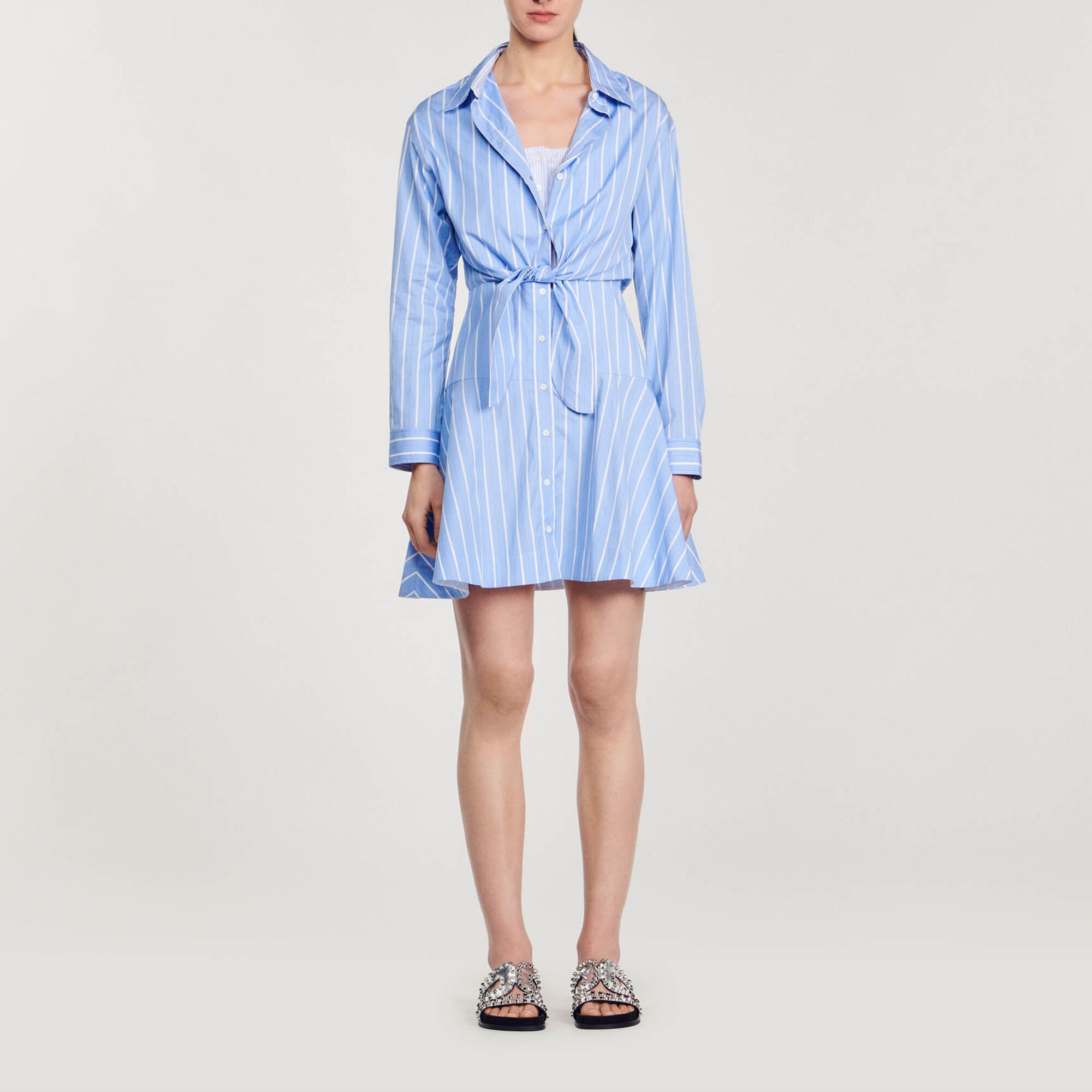 Striped tie-front shirt dress