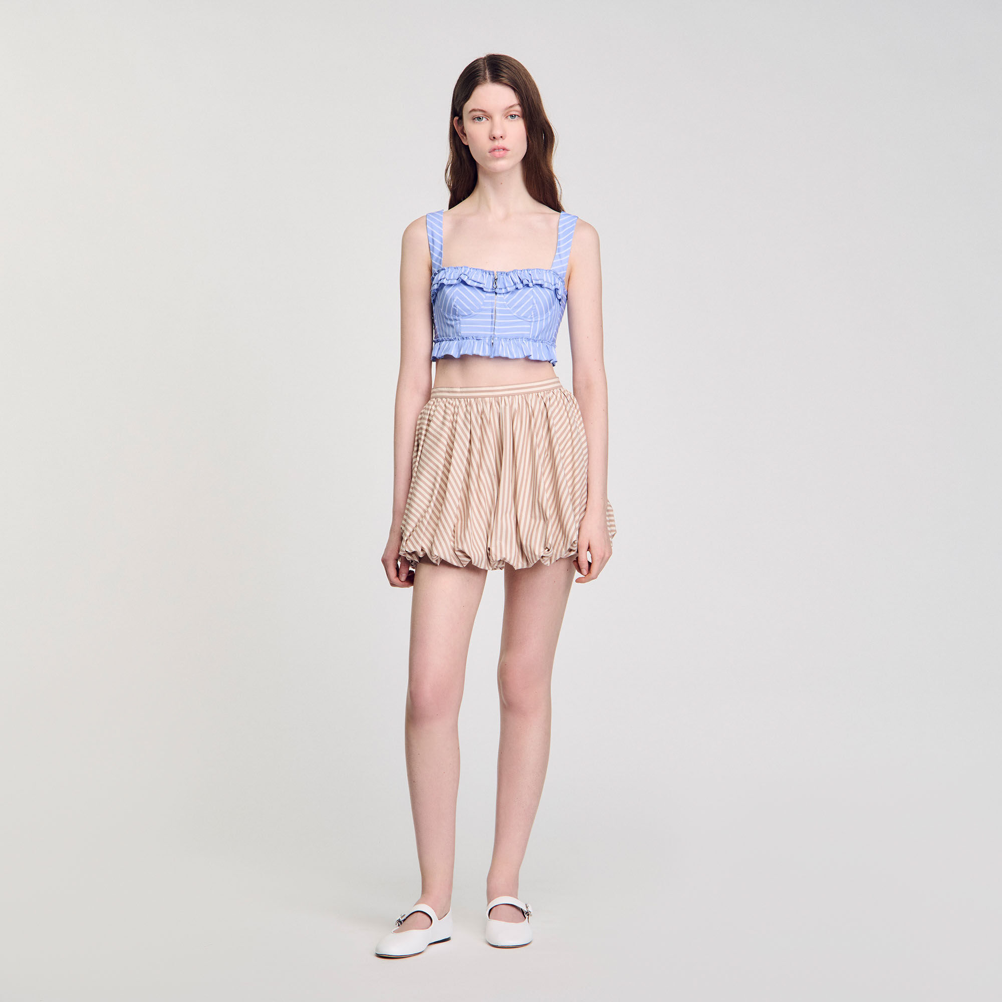 【海外限定】Sandroコットンスカート☆Striped Puffed Cotton Mi Striped shorts blue For Women | Sandro Paris