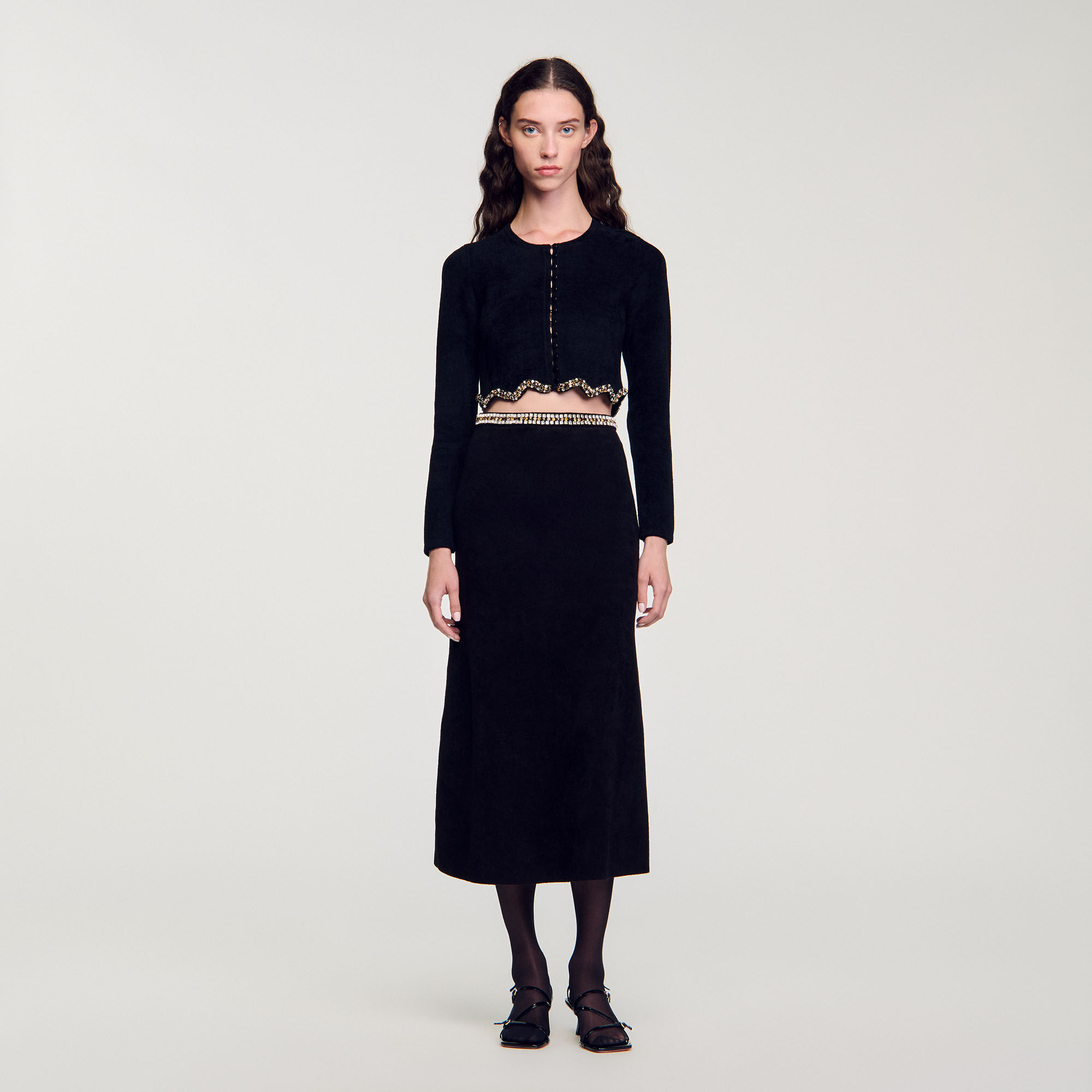 Short rhinestone velvet knit cardie black / gray For Women | Sandro Paris