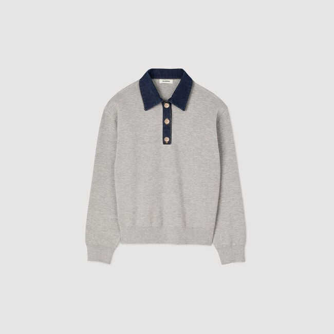 Sweater with denim collar