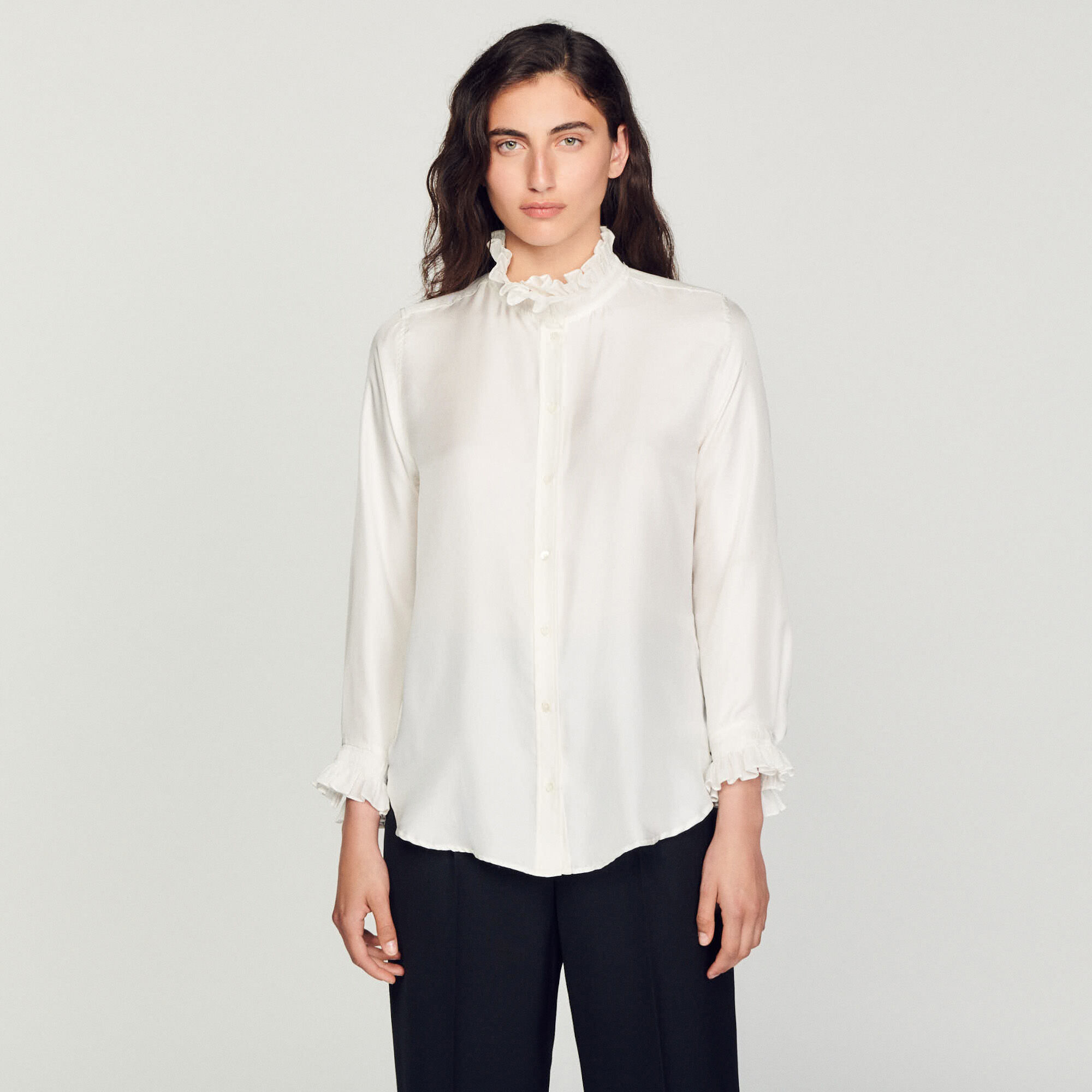 Silk shirt with gathered collar Natural | Sandro Paris
