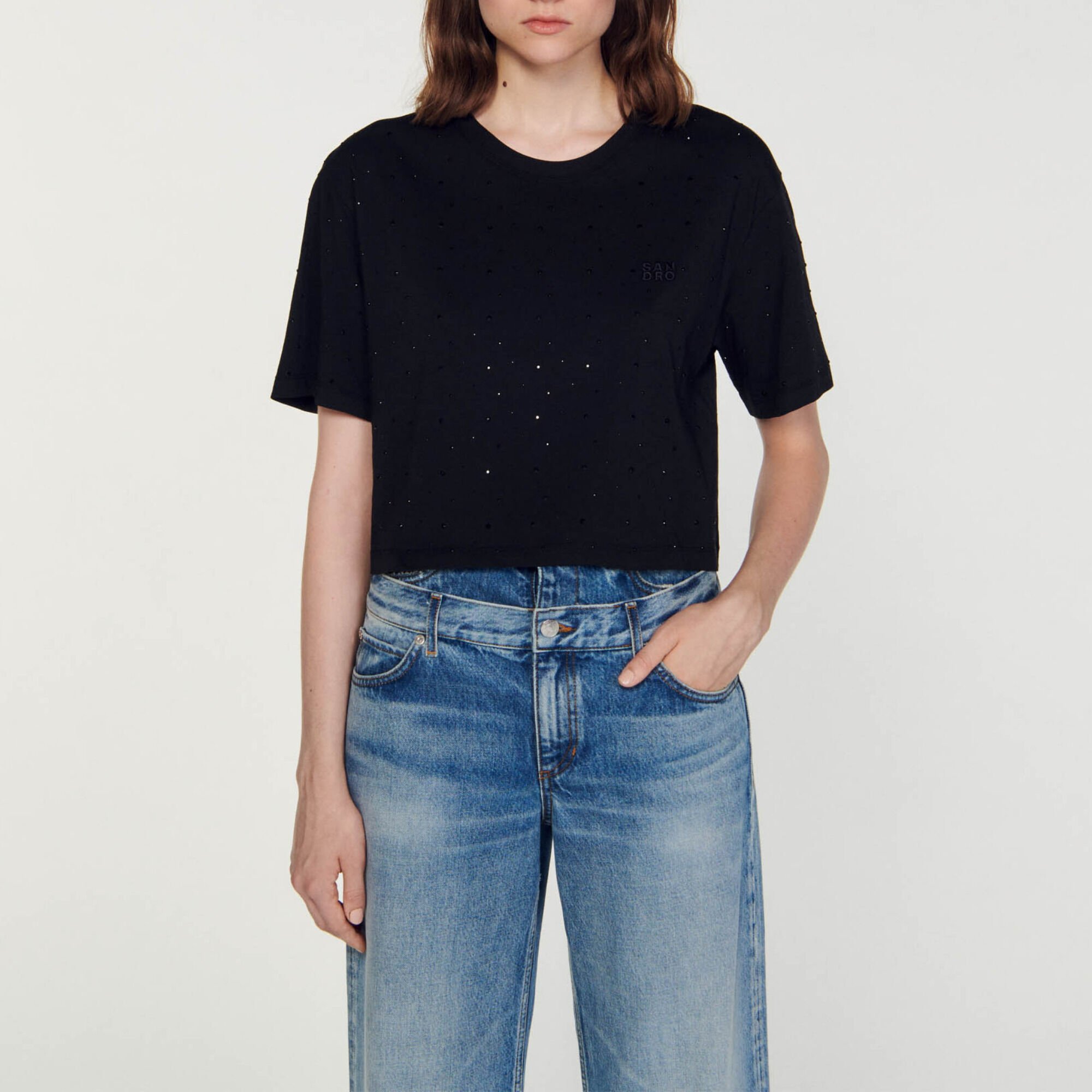 Cropped T-shirt with rhinestones
