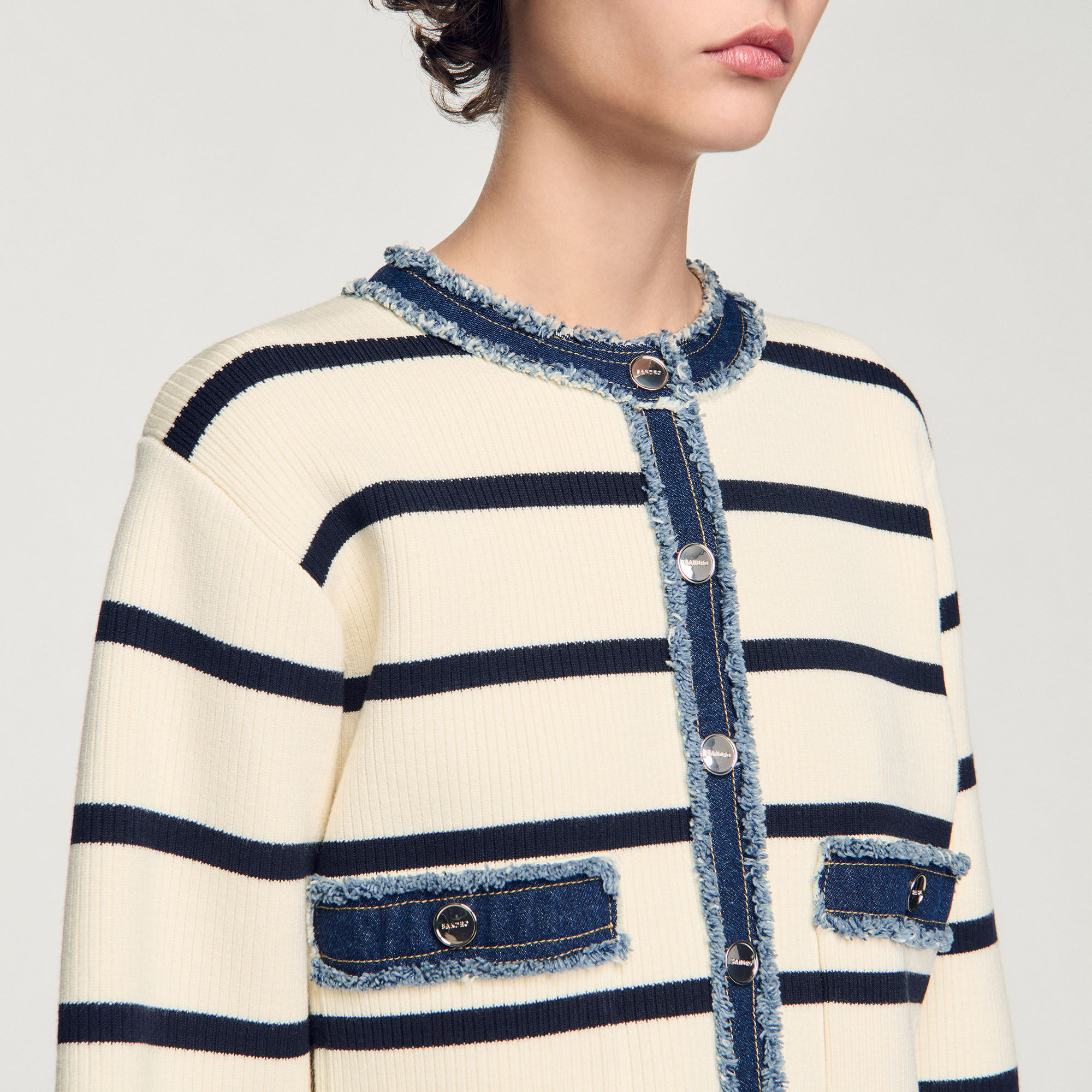 Stripy cardigan with denim details white / beige For Women Stripy cardigan with denim details white / beige For Women