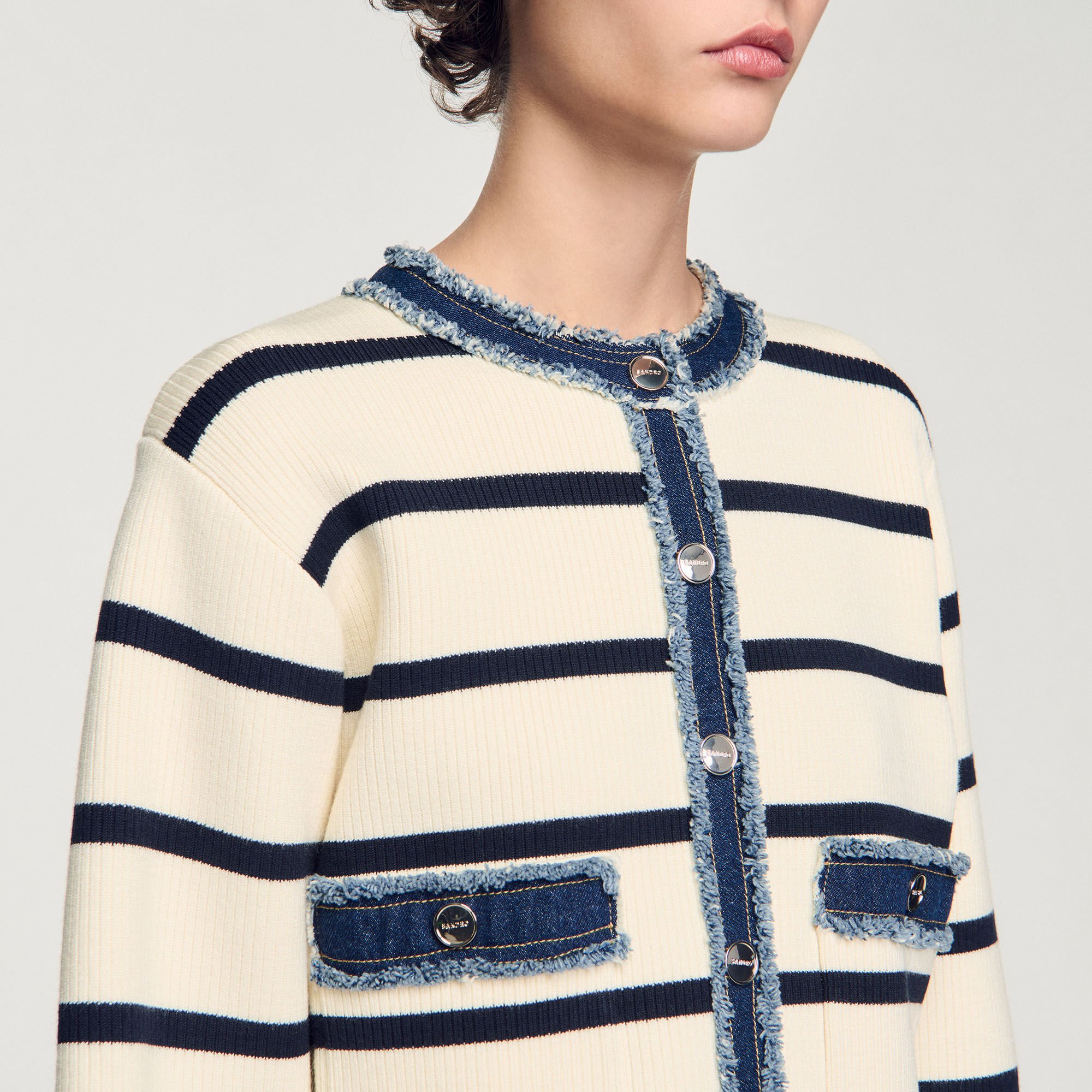 Stripy cardigan with denim details