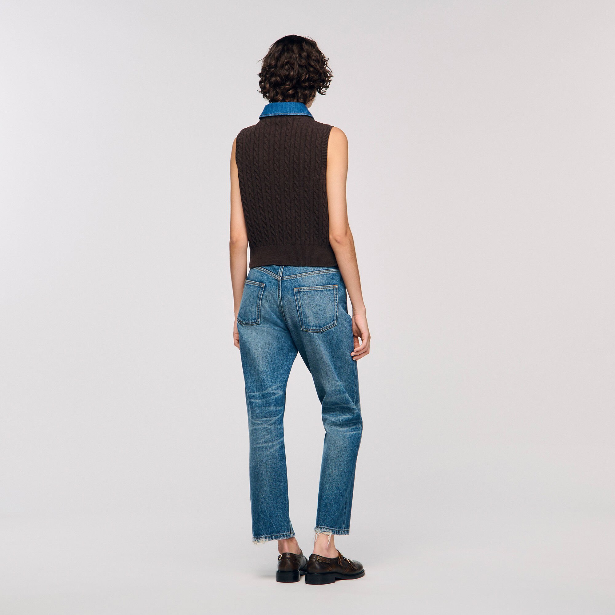 Knit and denim sweater