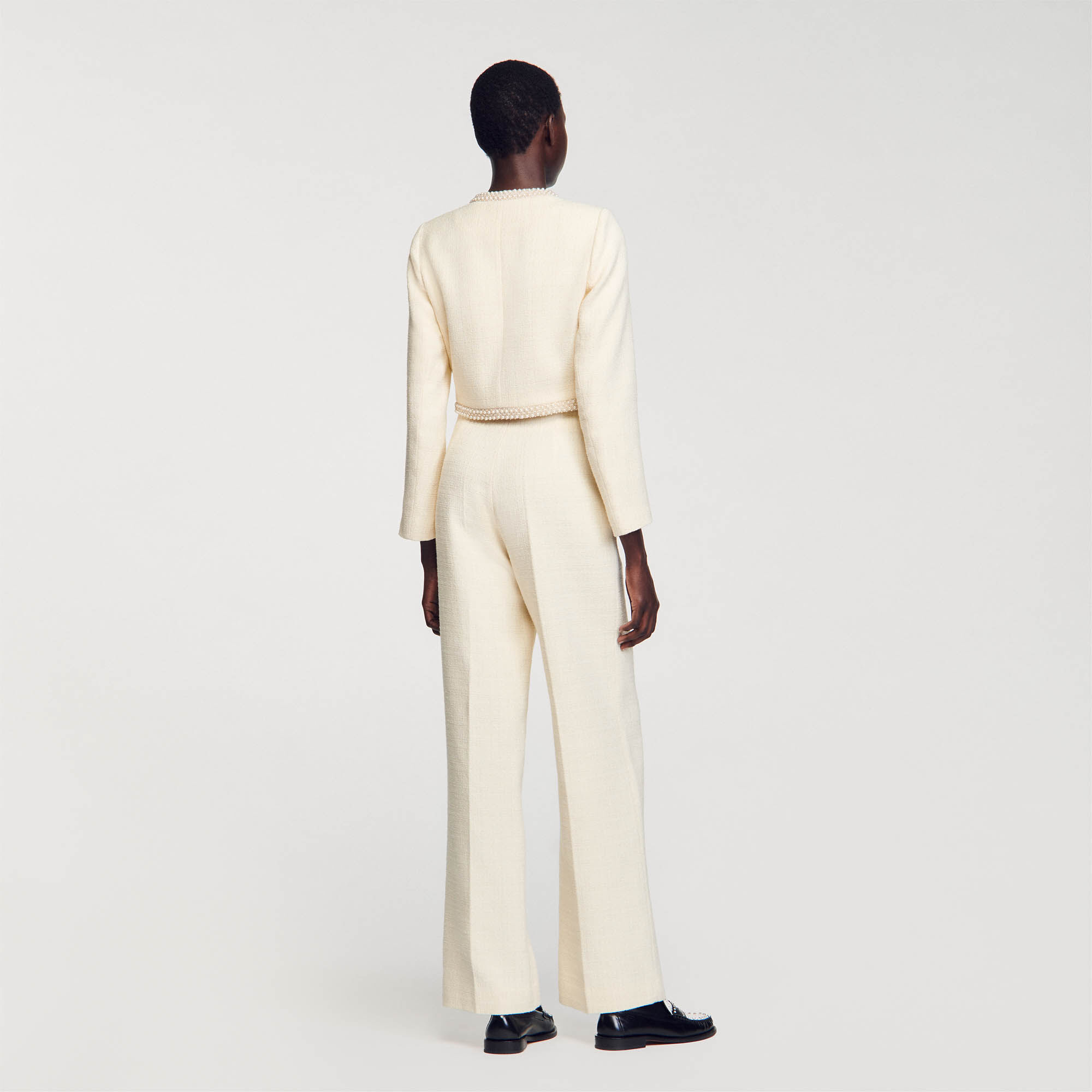 Cropped tweed jacket white / beige For Women | Sandro Paris