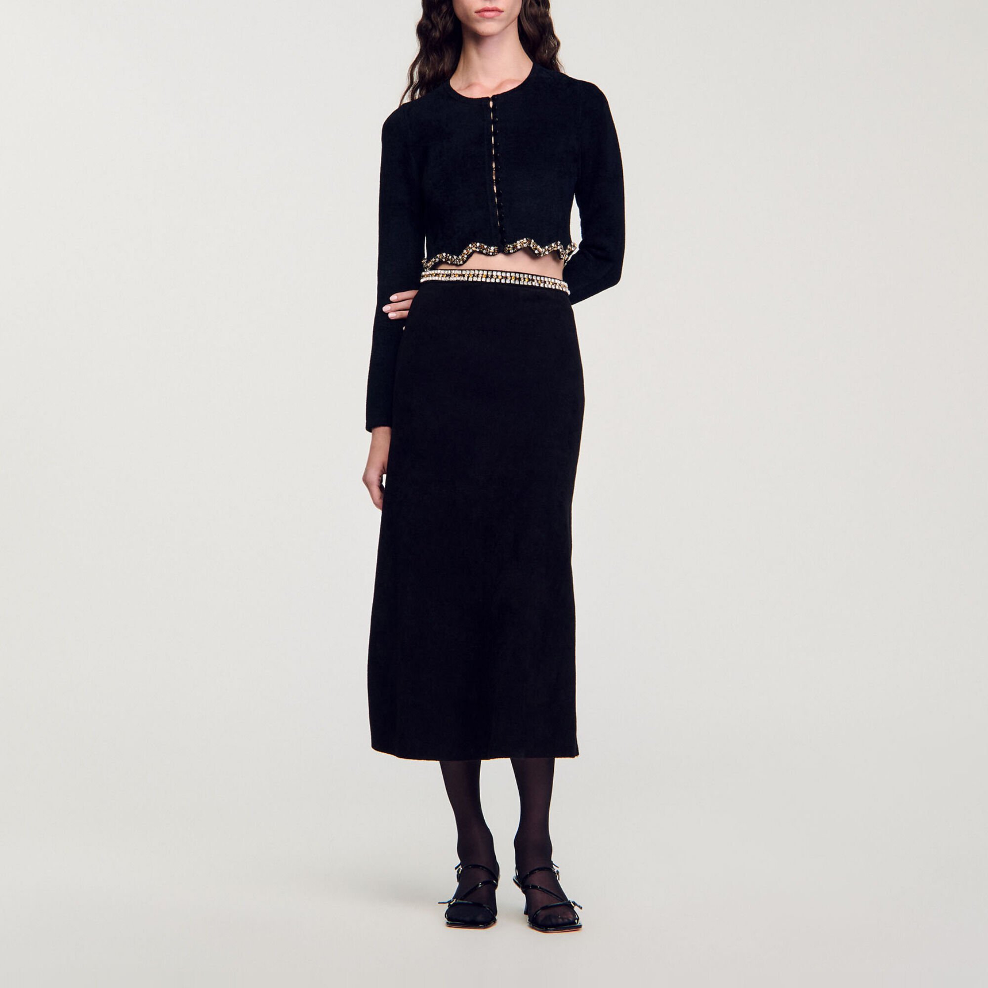 Short rhinestone velvet knit cardie