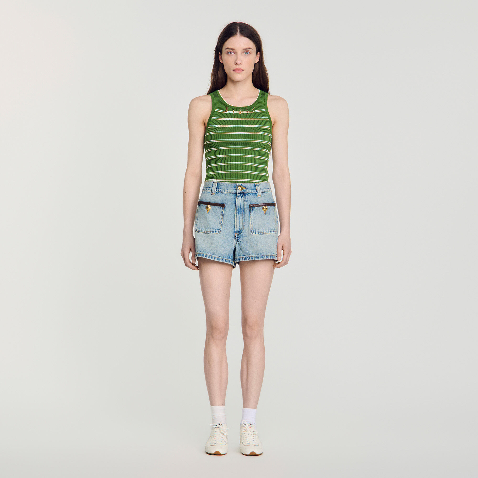 Denim shorts with leather detail in Blue Jean for Women | Sandro Paris