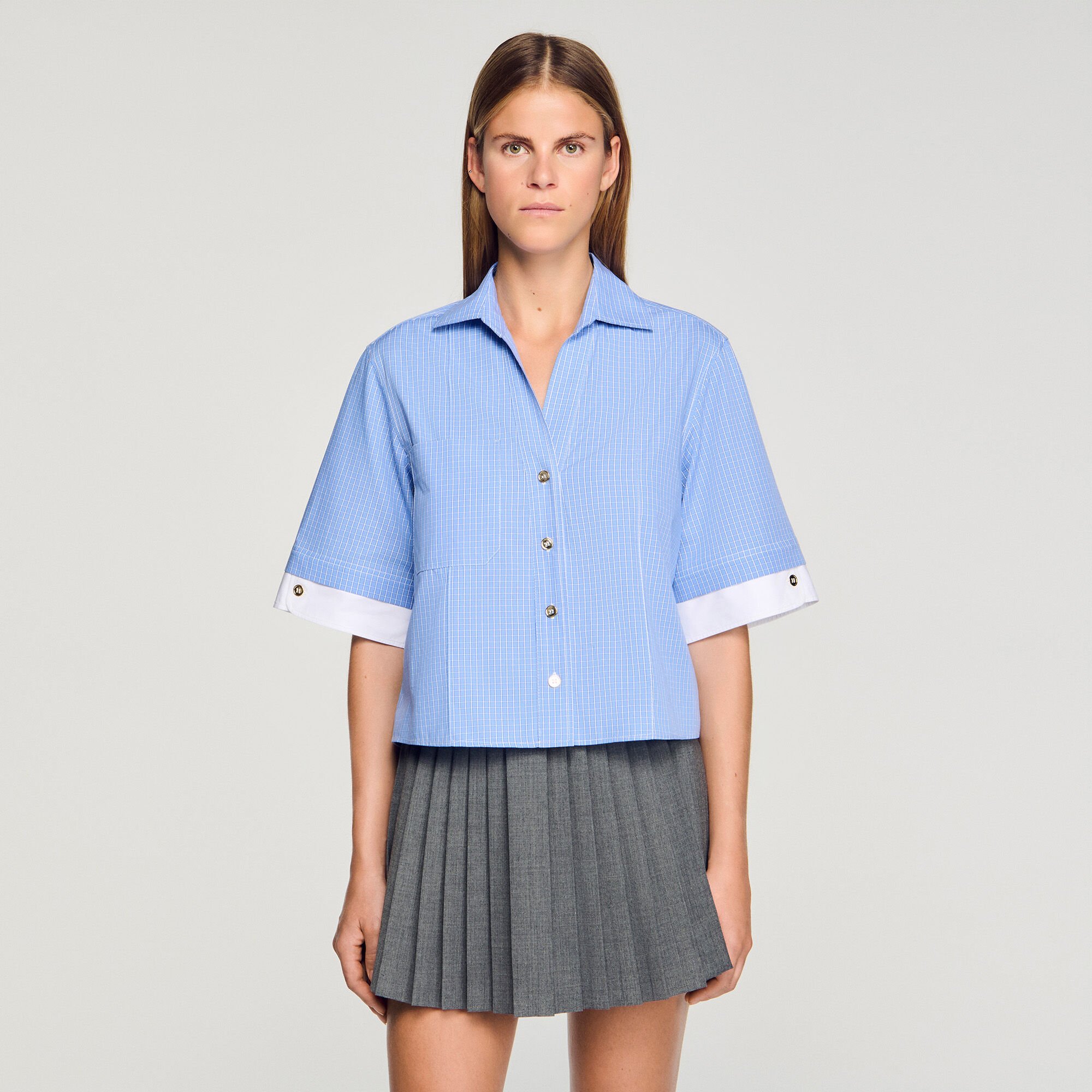 Cropped small-check shirt
