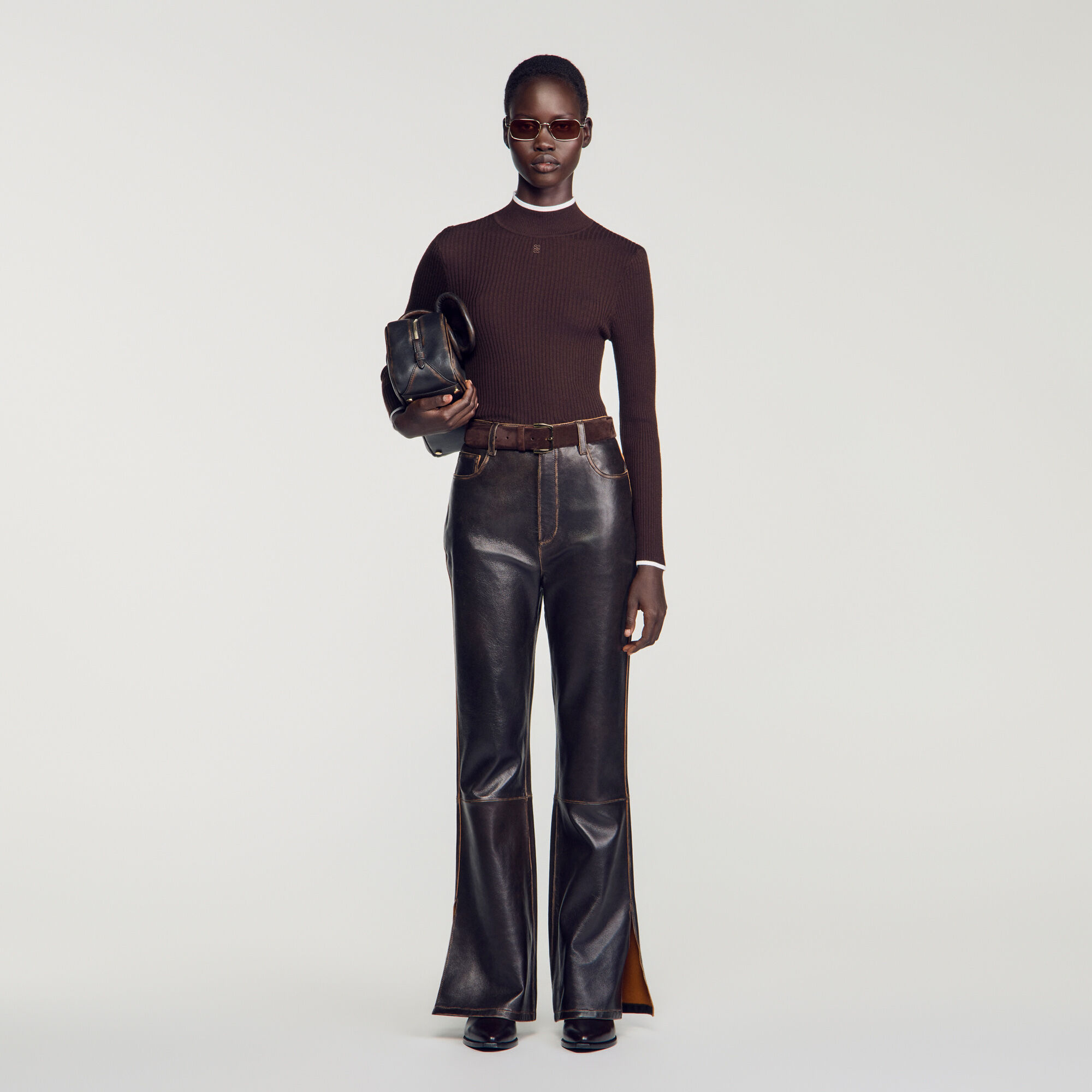 Ribbed mock neck sweater in Brown for Women | Sandro Paris