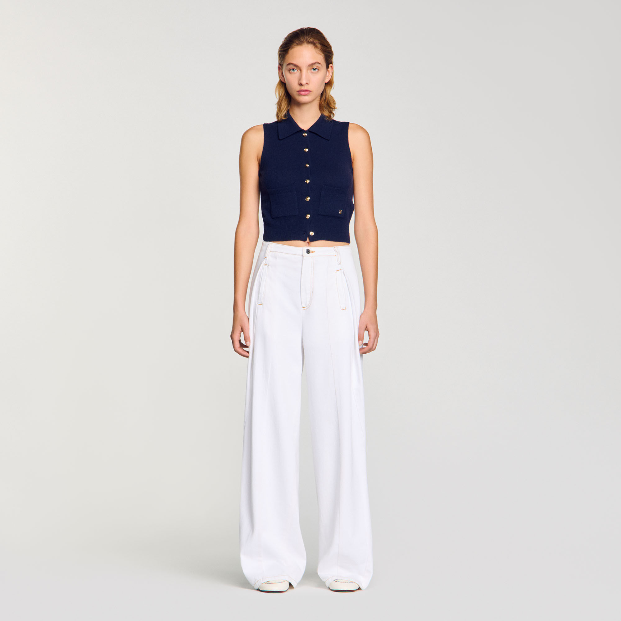 Topstitched wide-leg jeans white / beige For Women | Sandro