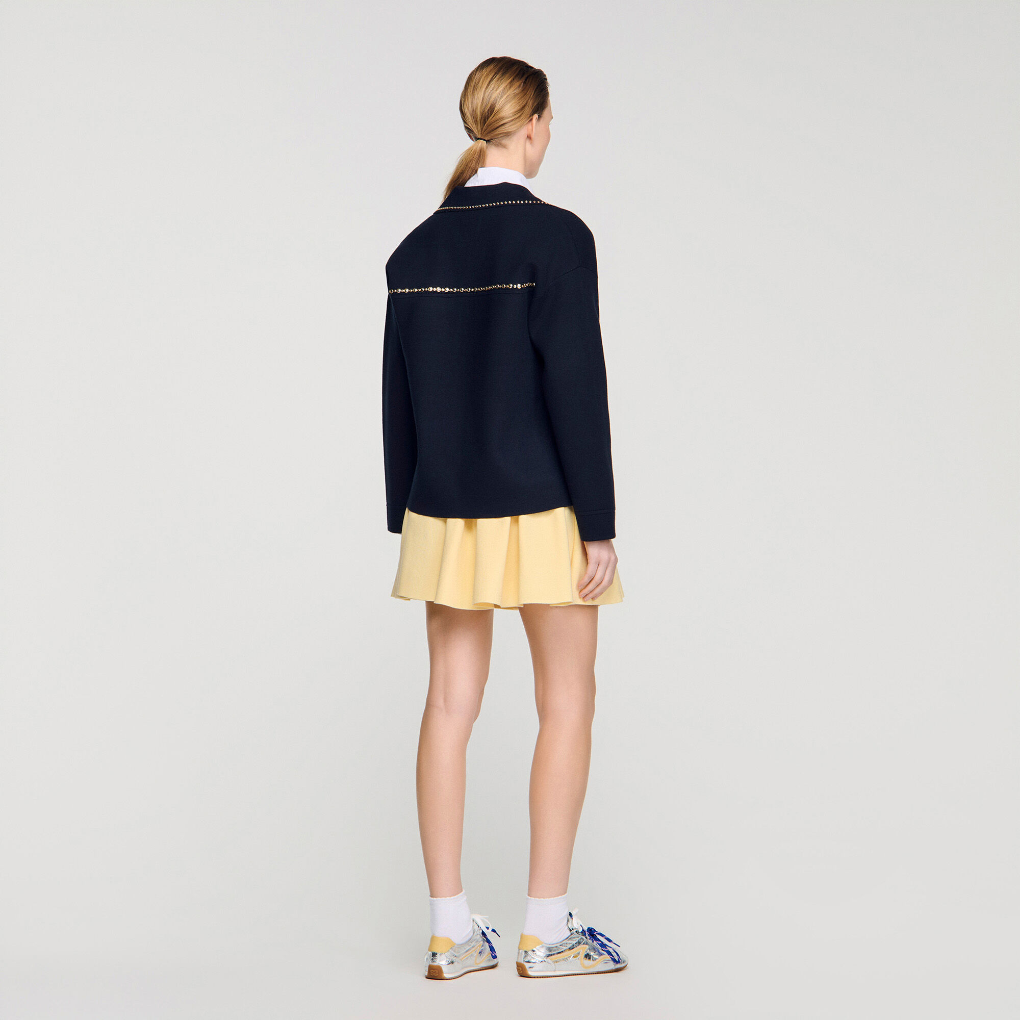 Studded blazer collar cardigan in Navy Blue for Women | Sandro Paris