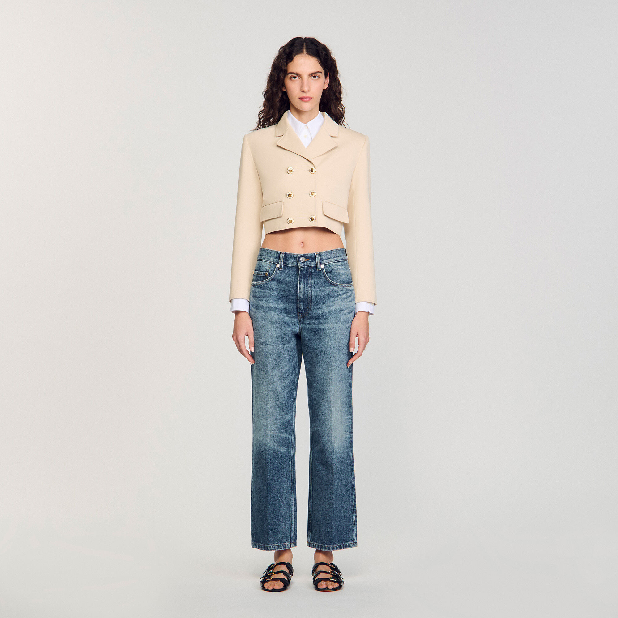Cropped buttoned jacket white / beige For Women | Sandro Paris