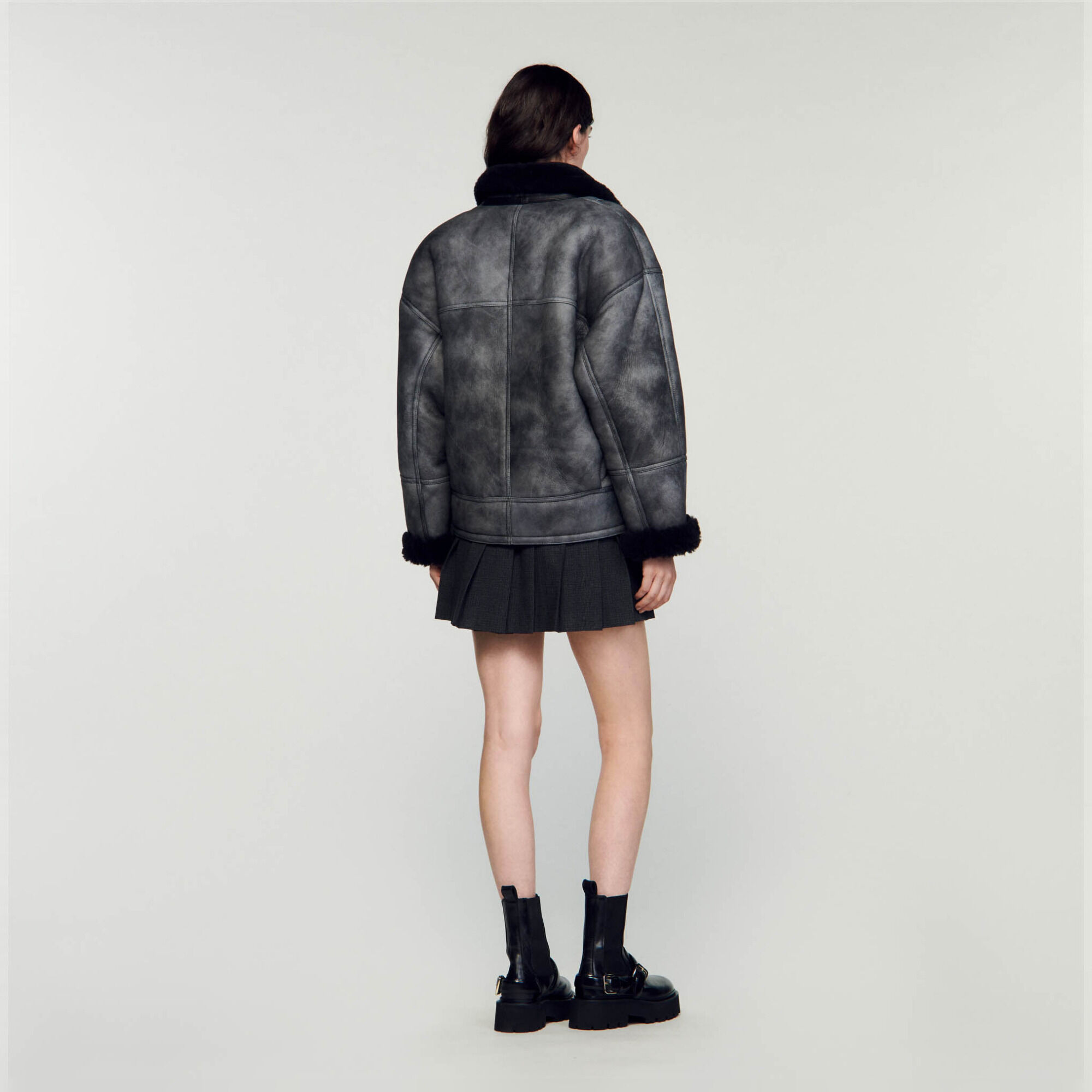Shearling coat black / gray For Women | Sandro Paris