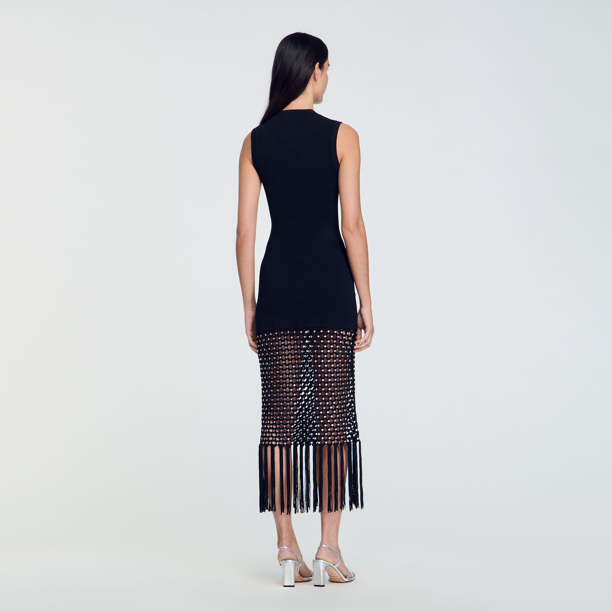 Fringed knit dress black / gray For Women | Sandro Paris