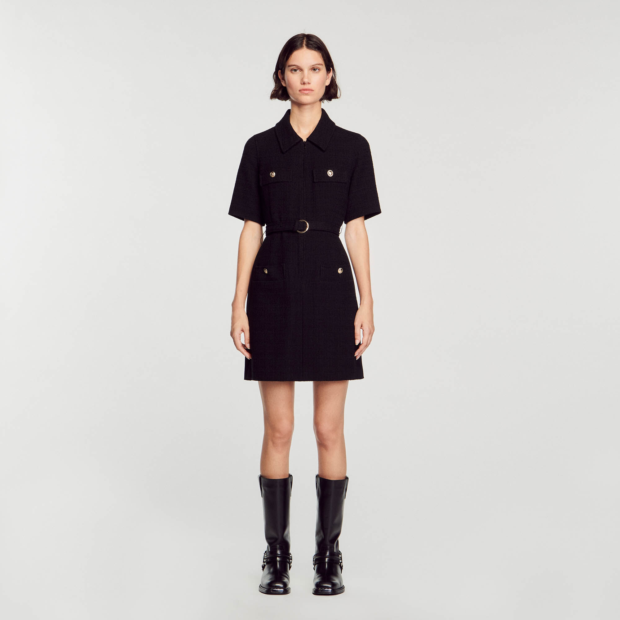 Short-sleeved dress in two materials Black / Gray | Sandro Paris