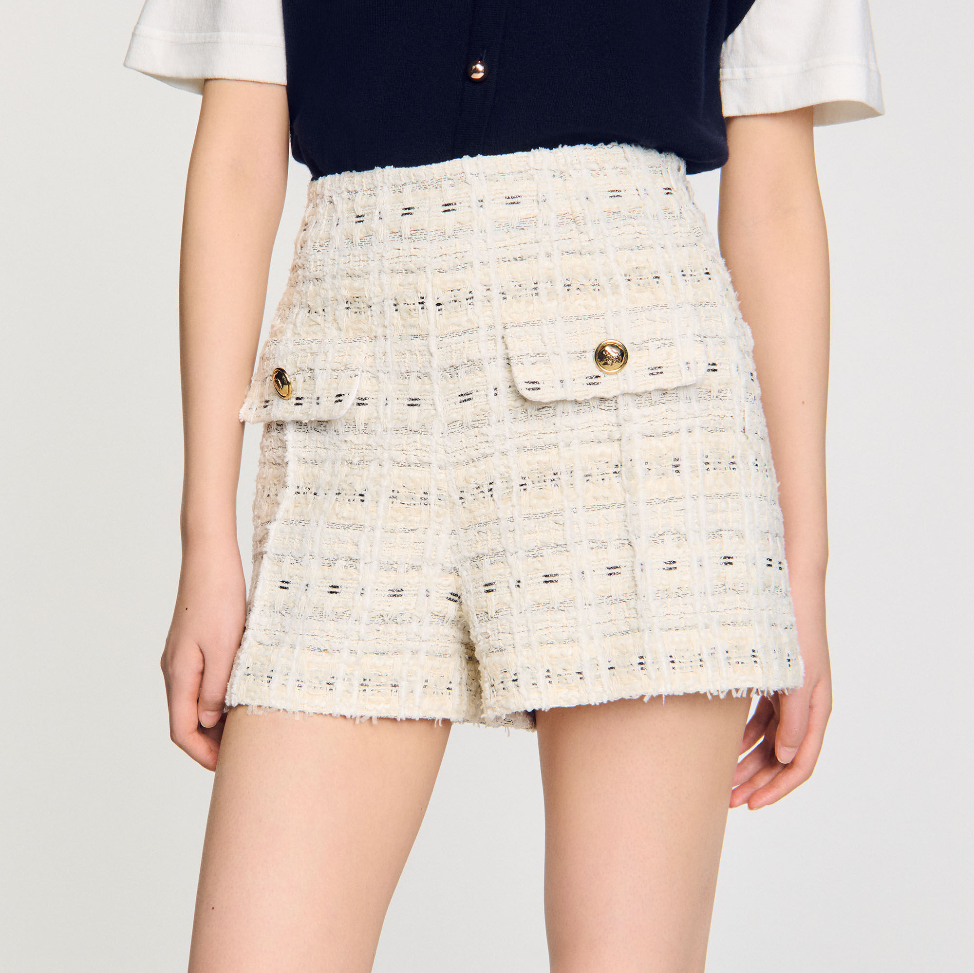 ＊人気＊ SANDRO  ショート ツイード プリーツスカート Decorative tweed shorts white / beige For Women | Sandro Paris