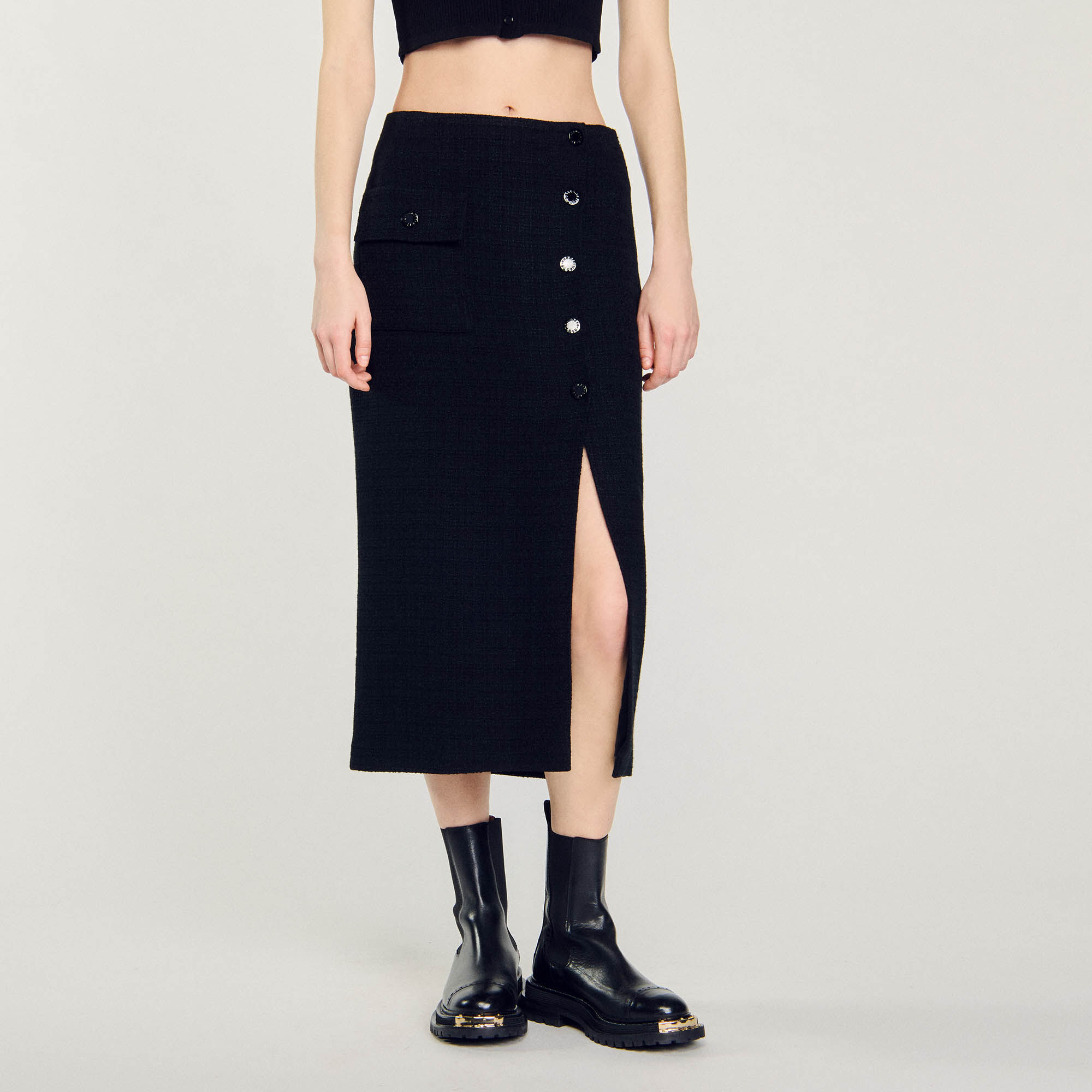 Tweed midi skirt black / gray For Women | Sandro Paris