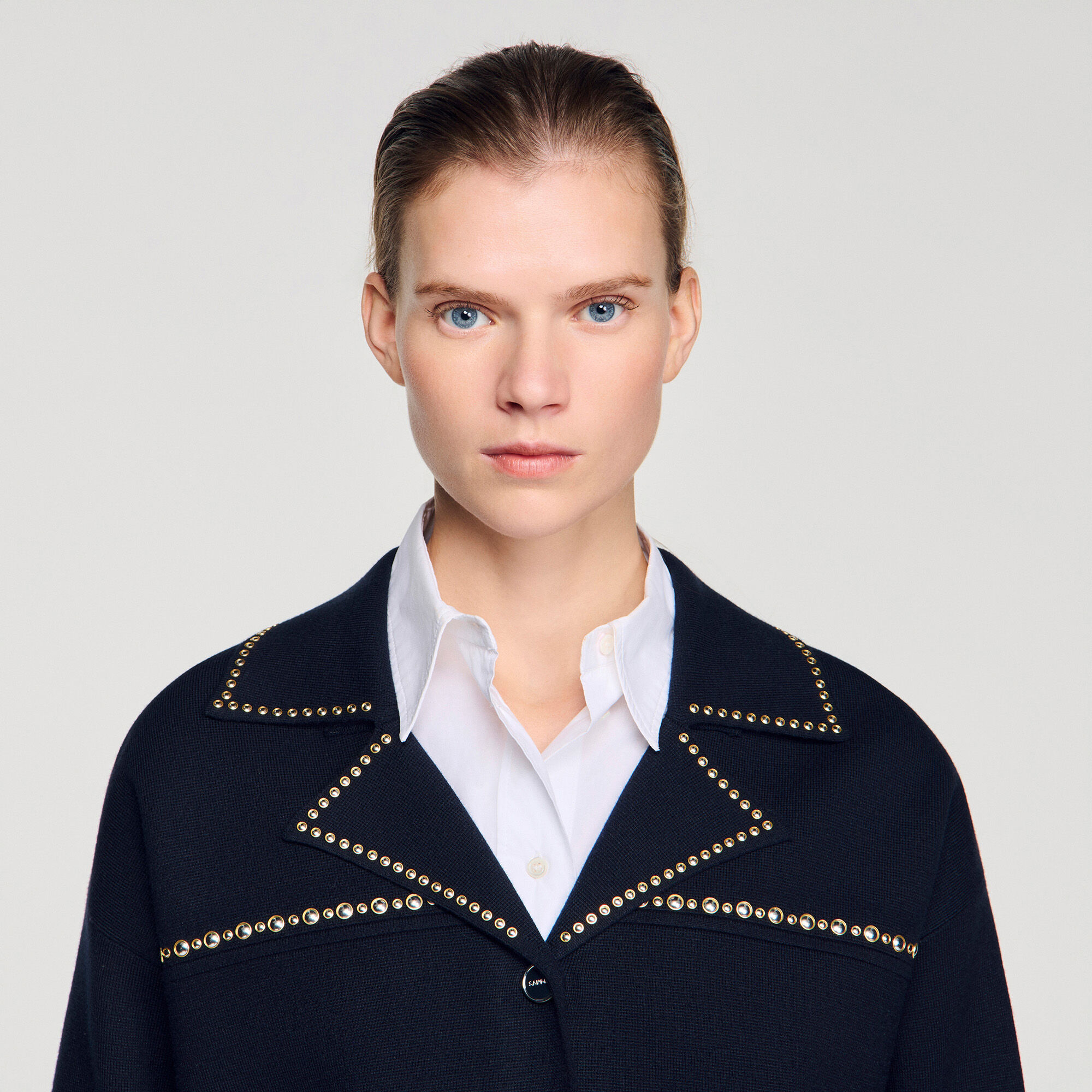 Studded blazer collar cardigan blue For Women | Sandro Paris